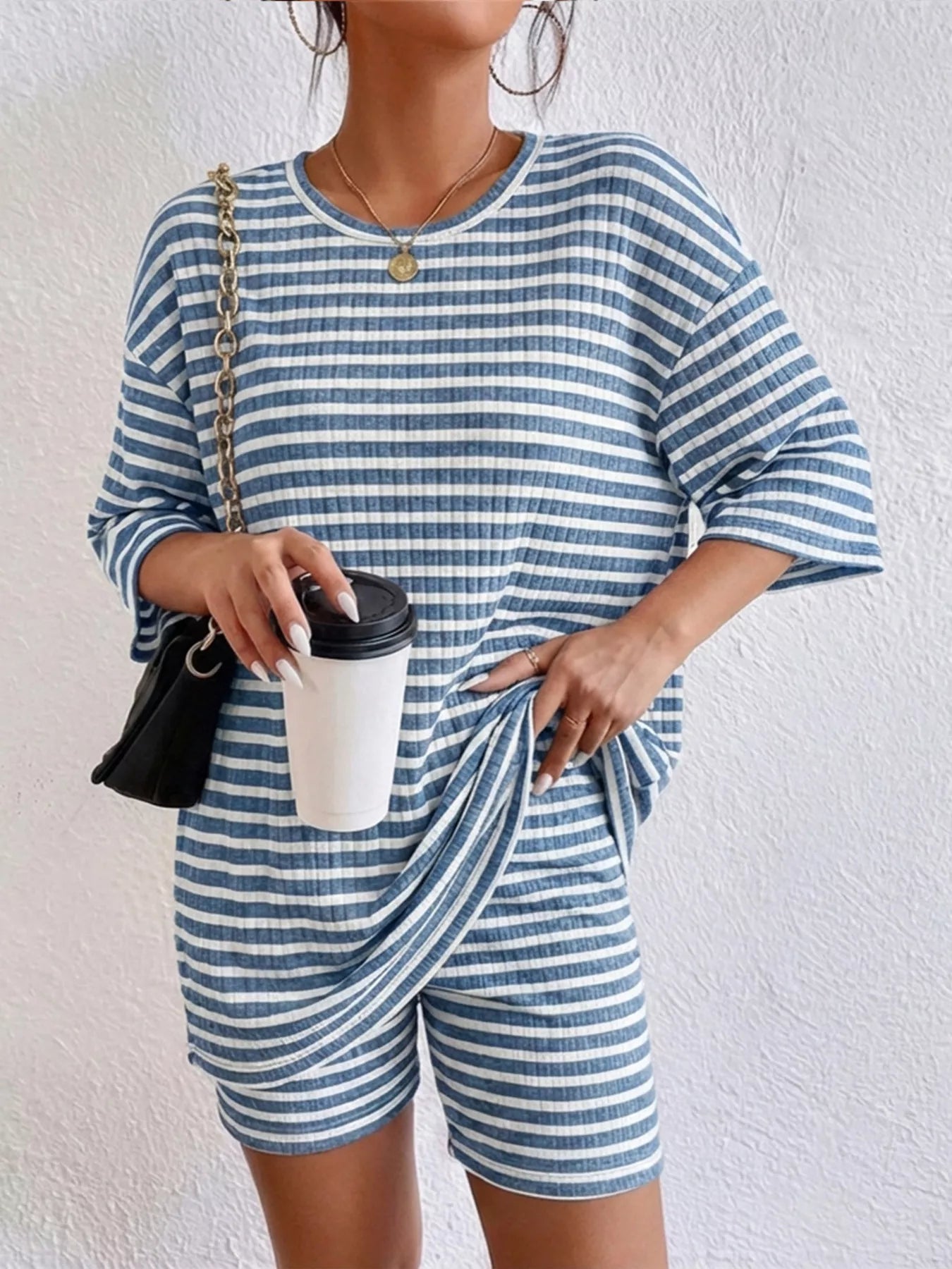 Striped Round Neck Top and Shorts Set