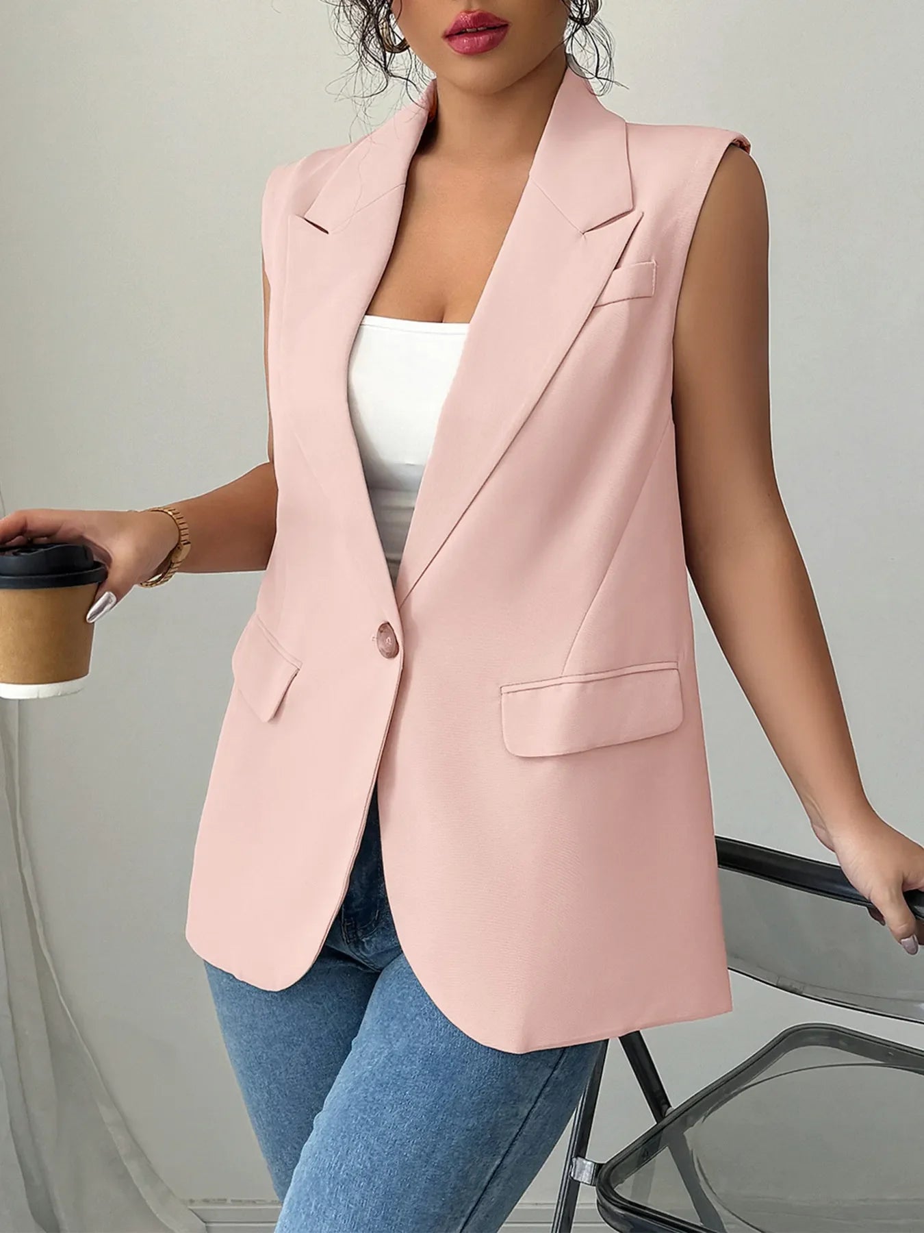 One Button V-Neck Blazer Vest Coat