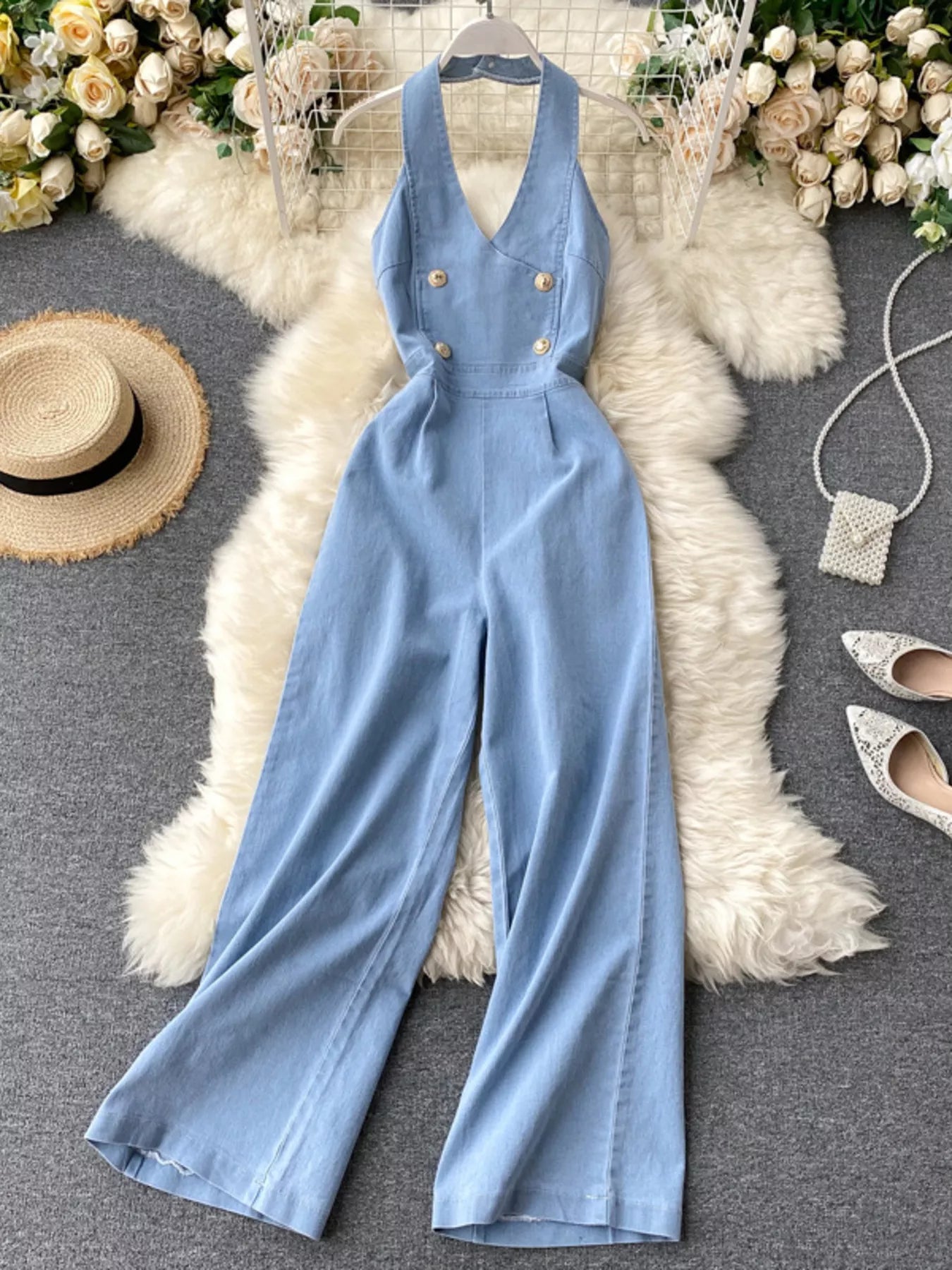 Halter Neck Wide Leg Denim Jumpsuit