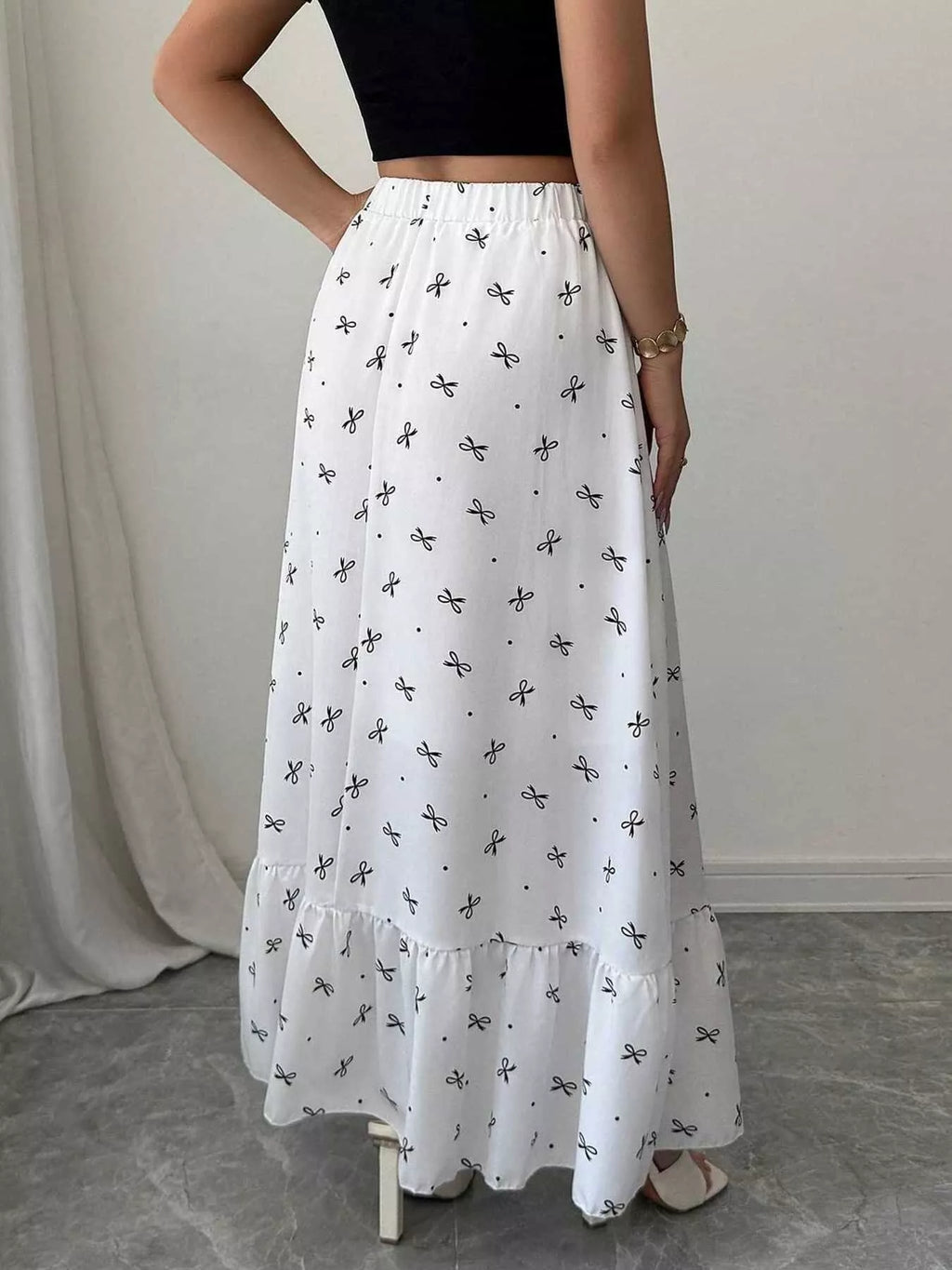 Bowknot Print Ruffle Hem Maxi Skirt