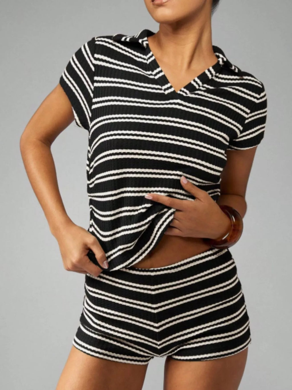 Striped Knit Short Sleeve Top & Shorts Set