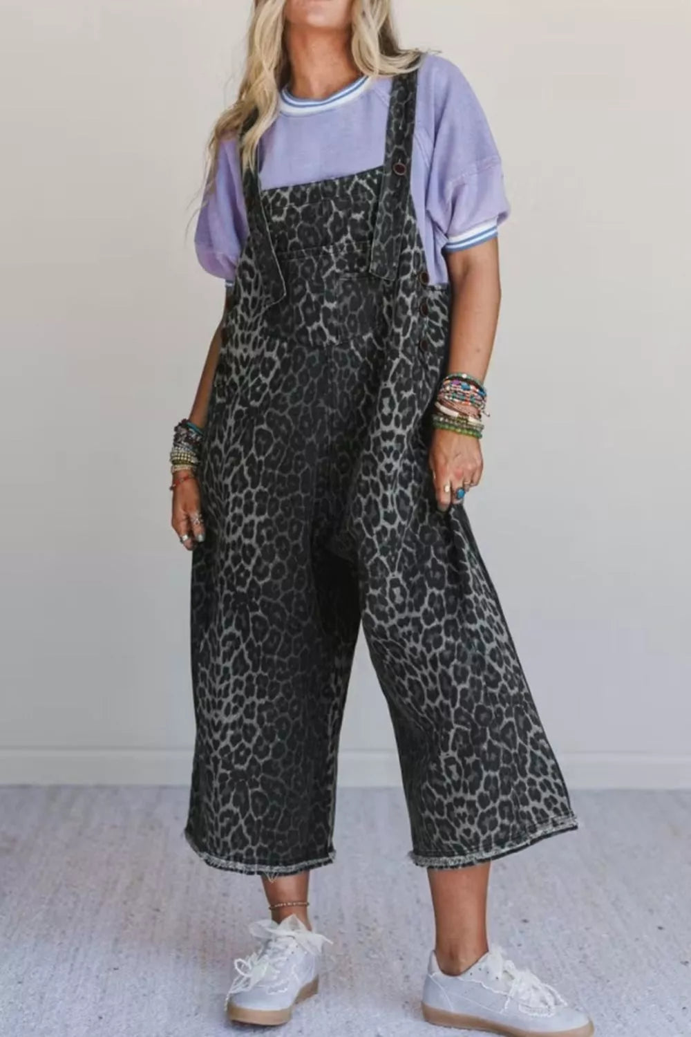 Leopard Print Button Adjustable Straps Cropped Loose Denim Overalls
