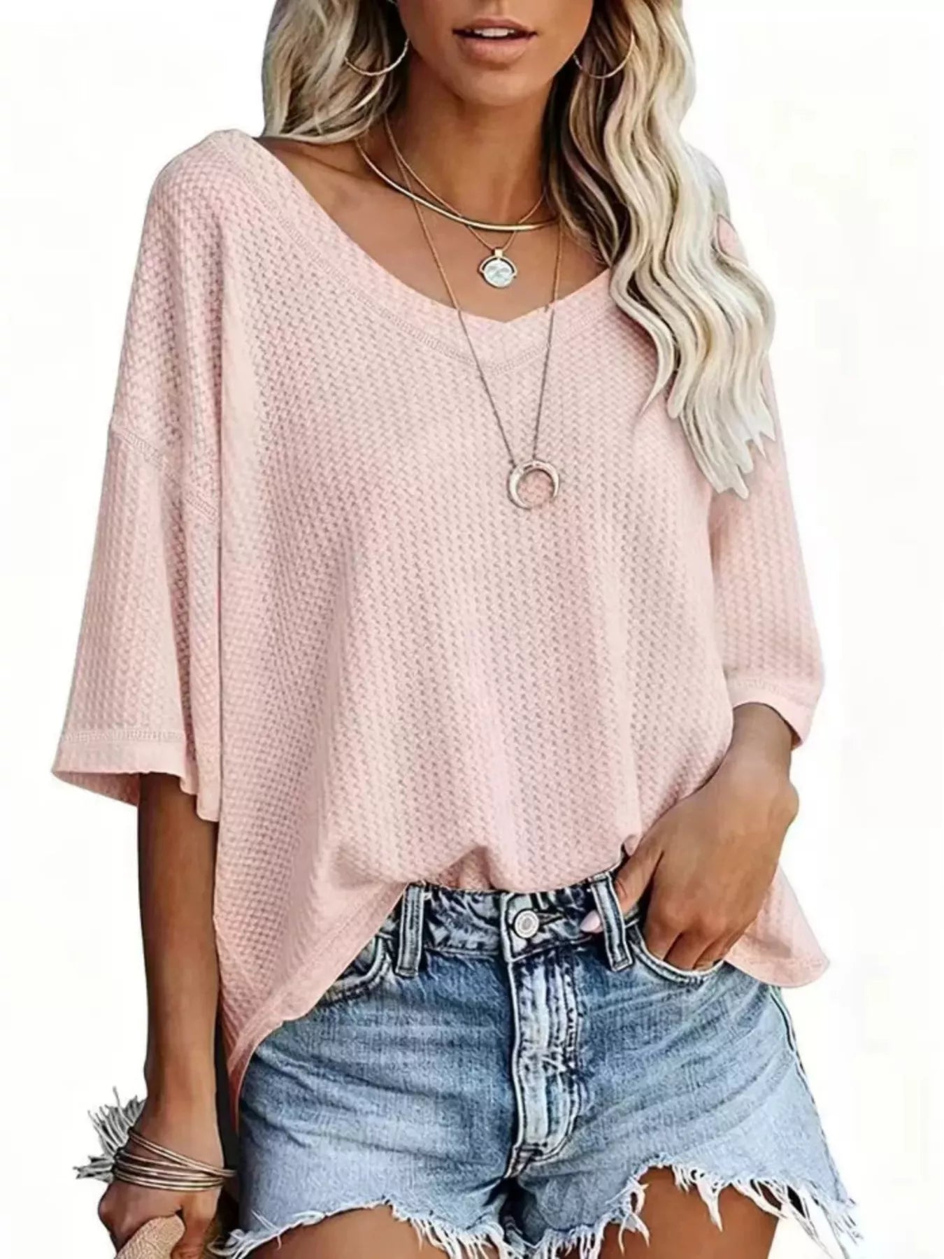Waffle Knit V-Neck Short Sleeve T-Shirt