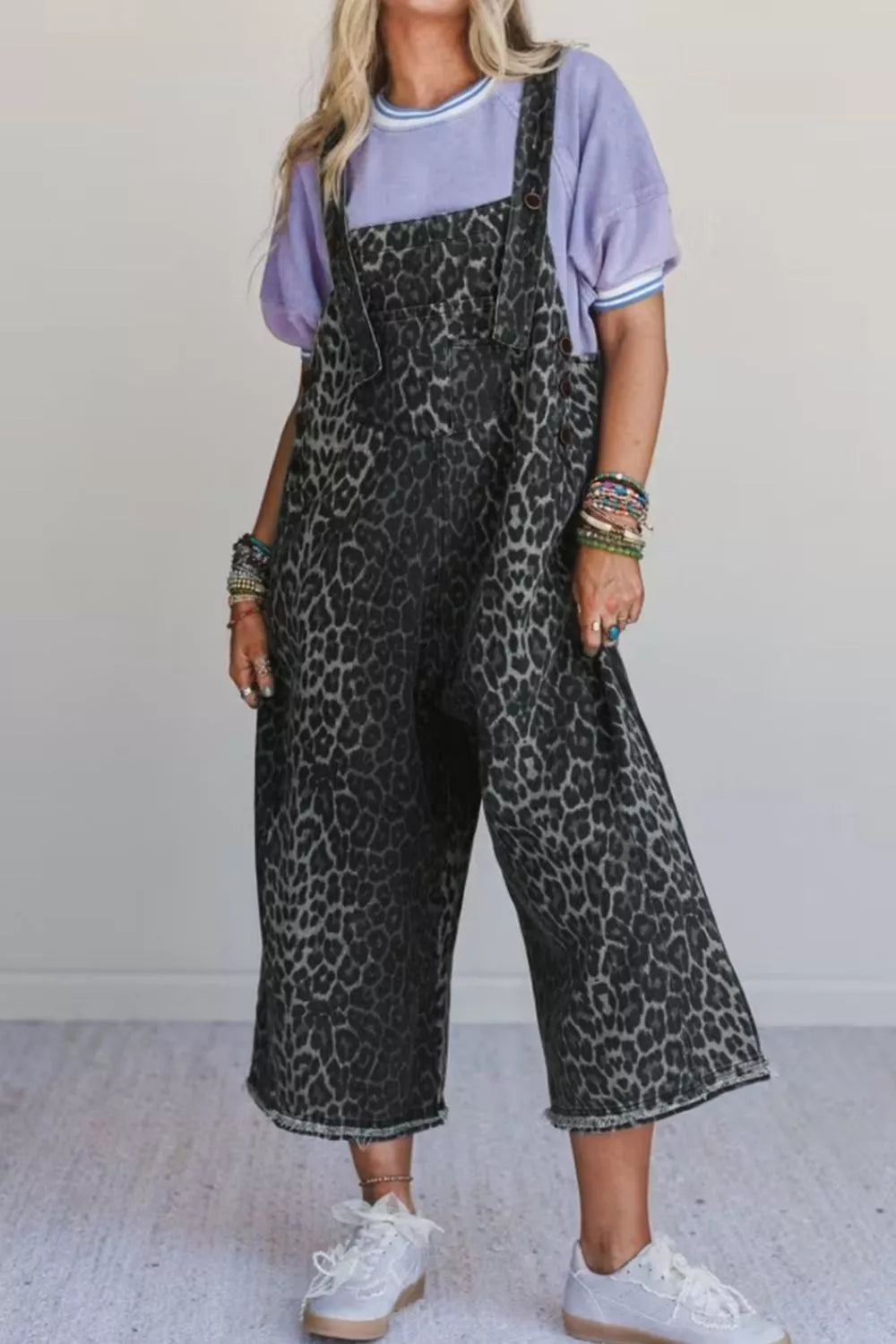Leopard Print Button Adjustable Straps Cropped Loose Denim Overalls
