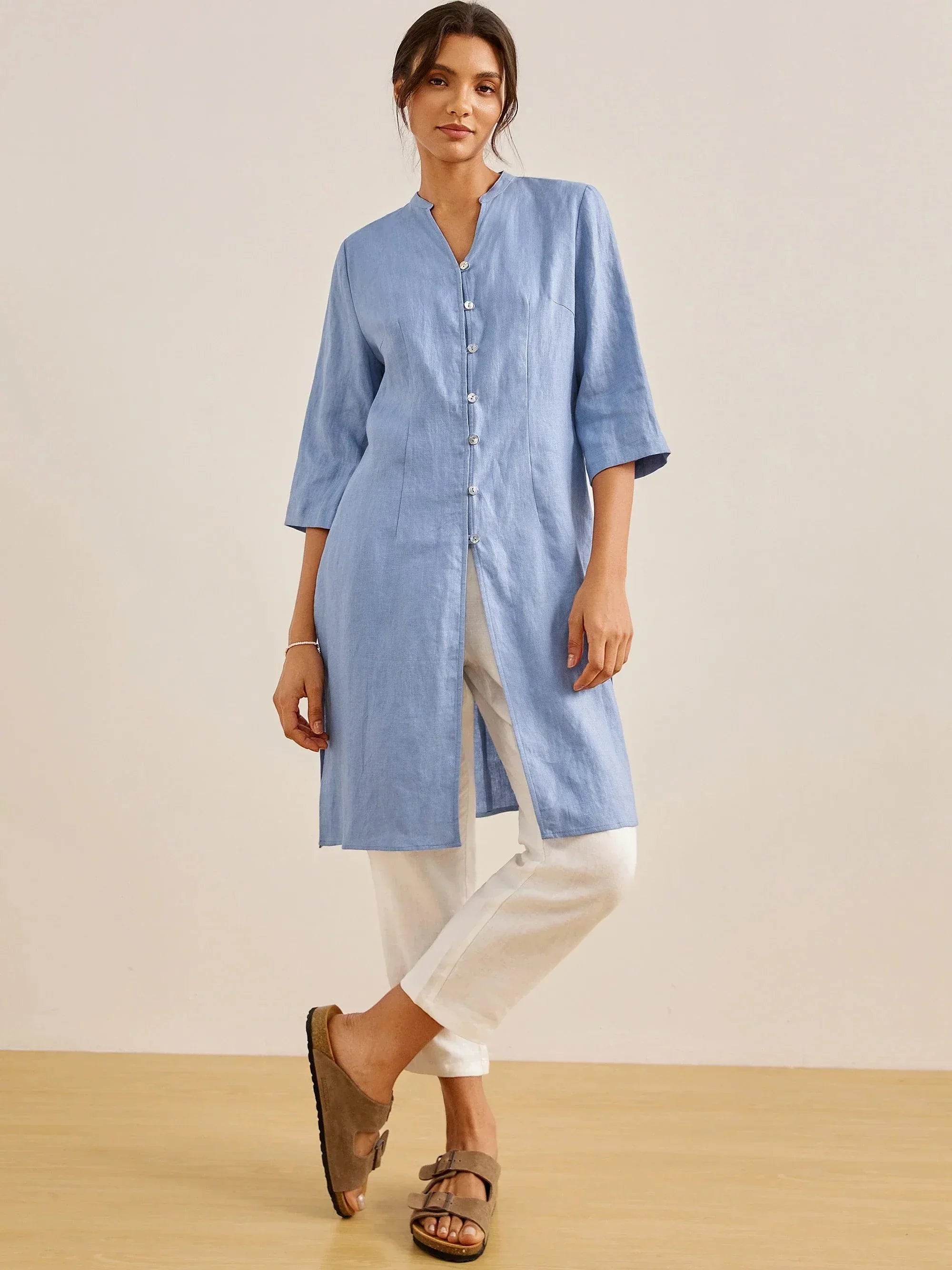 LINTICO 100% Linen Hand Button Long Top DILLON — back view