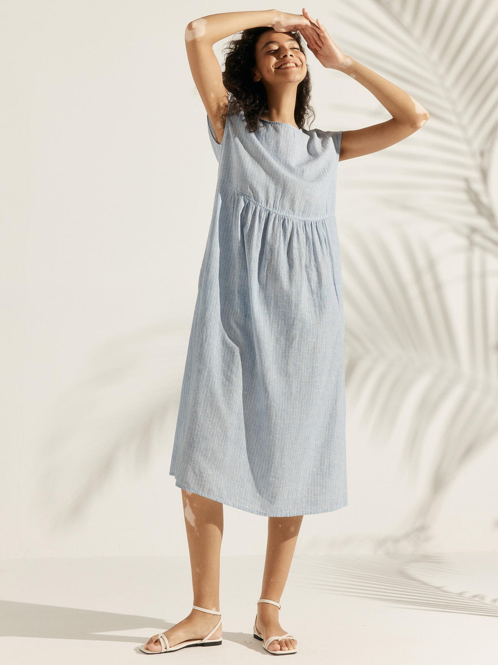 LINTICO Linen Striped Cap Sleeve Washed Maxi Dress JOAN — LINTICO branding close-up