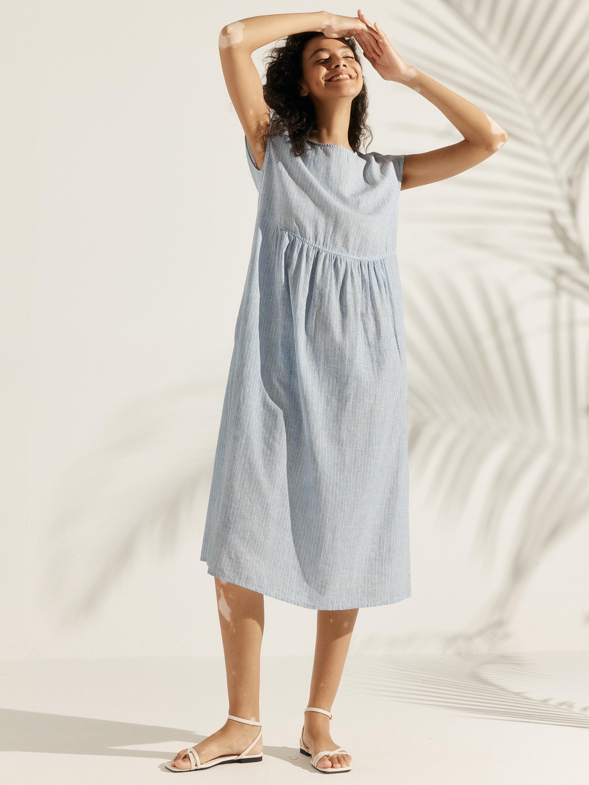 LINTICO Linen Striped Cap Sleeve Washed Maxi Dress JOAN — LINTICO branding close-up
