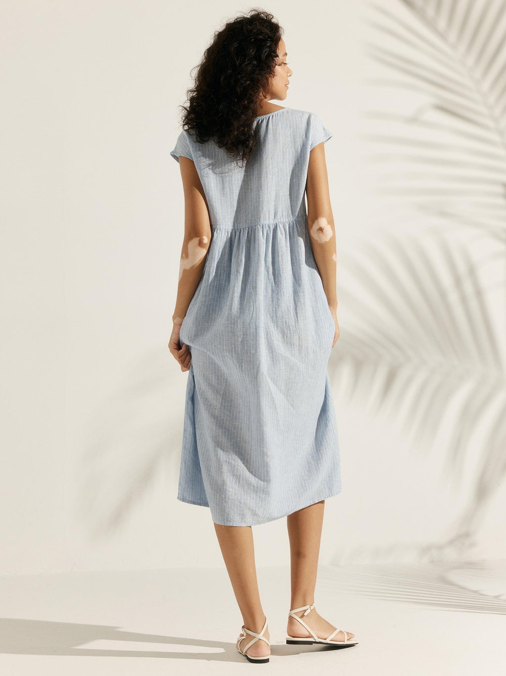 LINTICO Linen Striped Cap Sleeve Washed Maxi Dress JOAN — dresses-midi dresses-linen category context