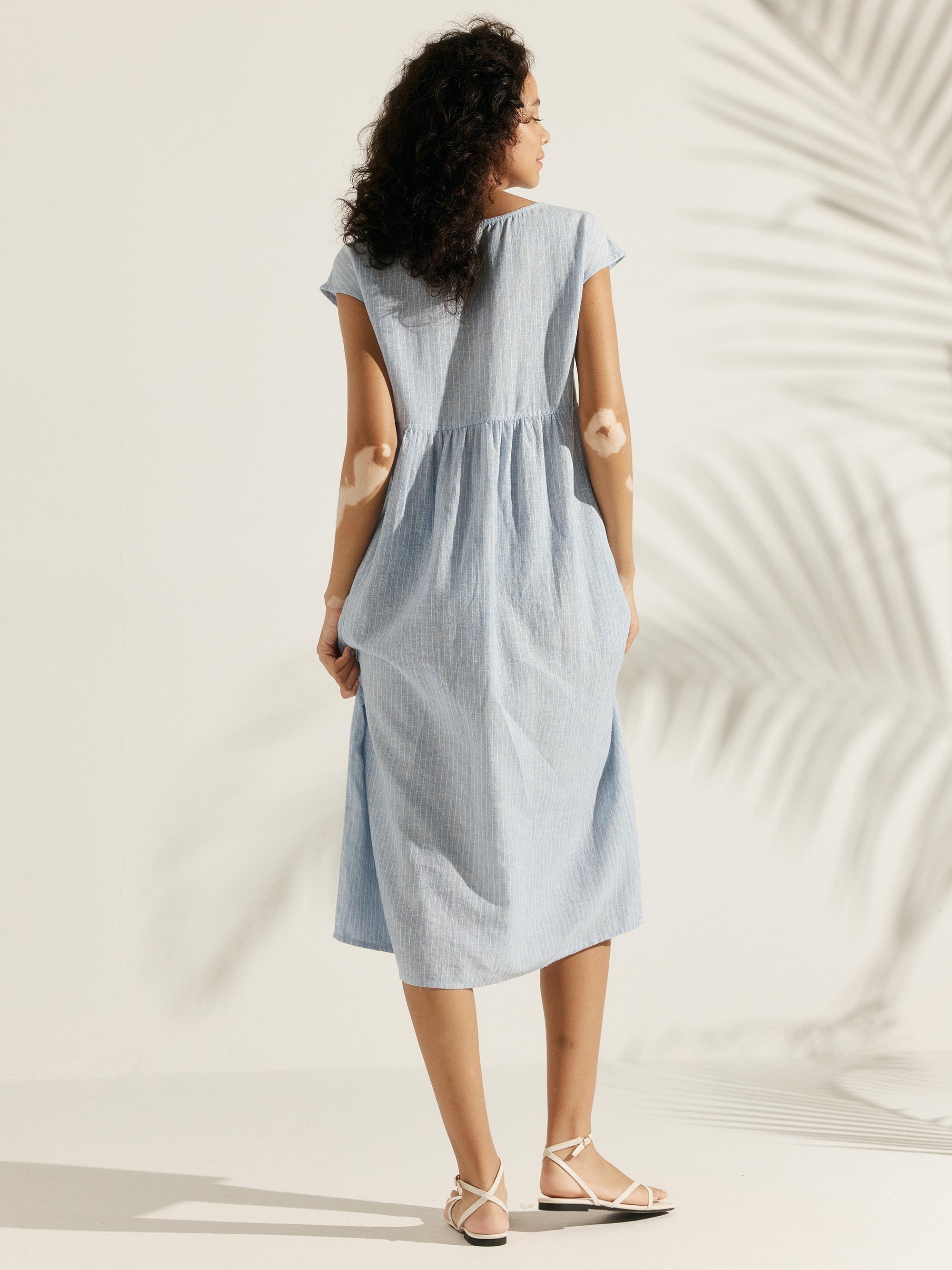 LINTICO Linen Striped Cap Sleeve Washed Maxi Dress JOAN — dresses-midi dresses-linen category context