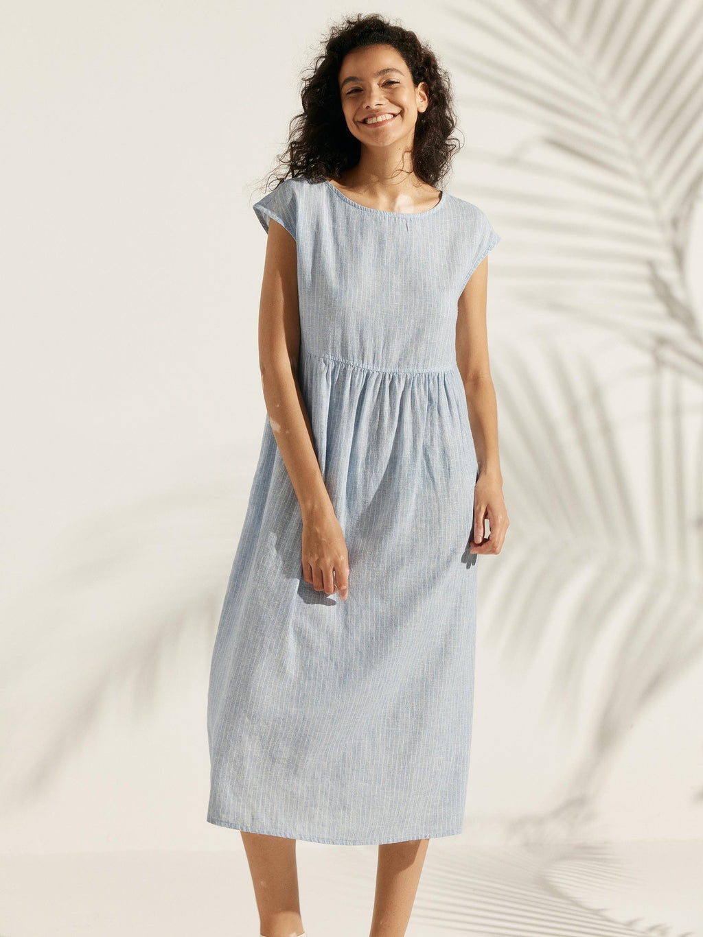 LINTICO Linen Striped Cap Sleeve Washed Maxi Dress JOAN — lifestyle worn / used context