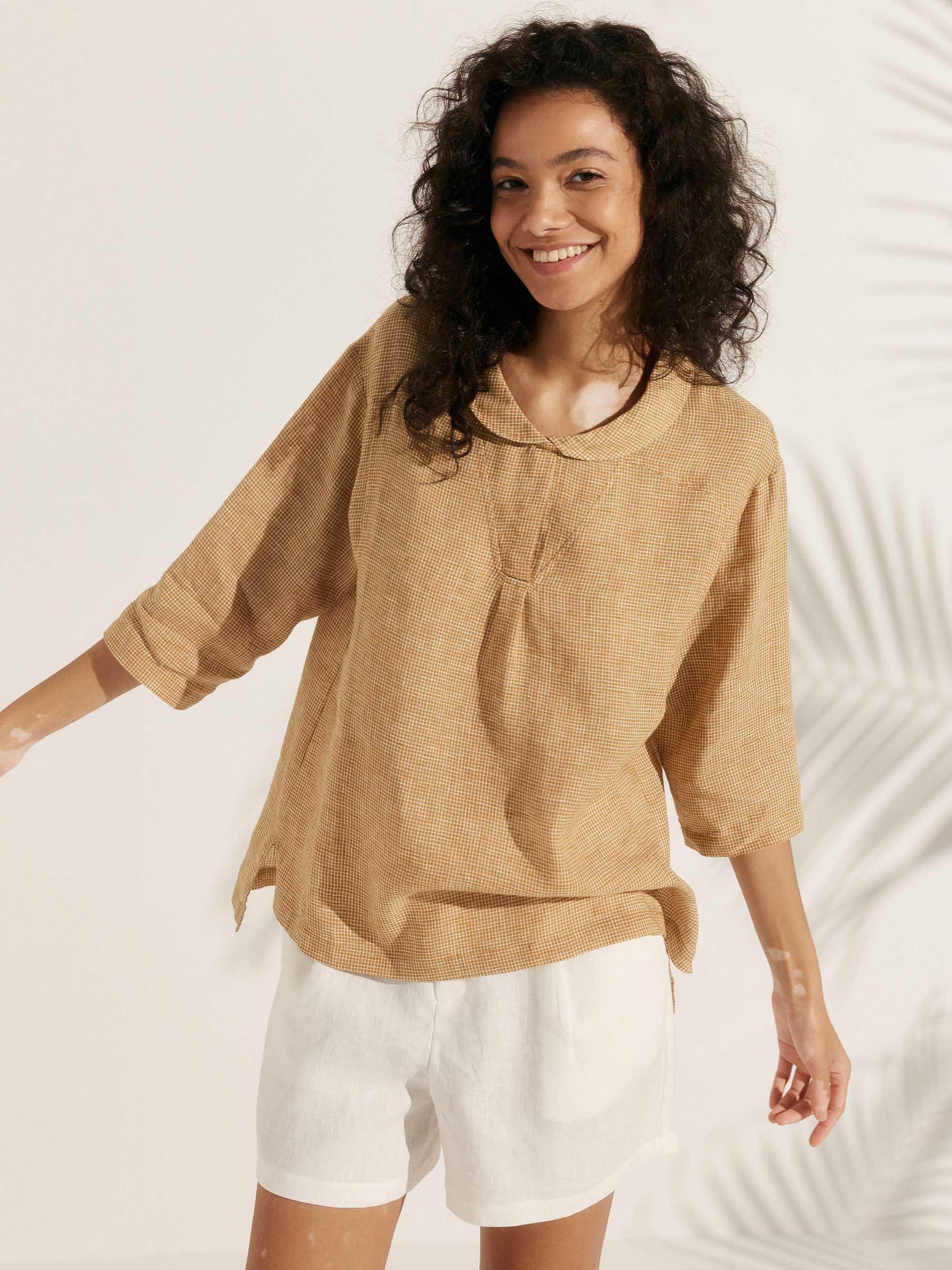 100% Linen Shawl V-Neck Half Sleeve Top JADE