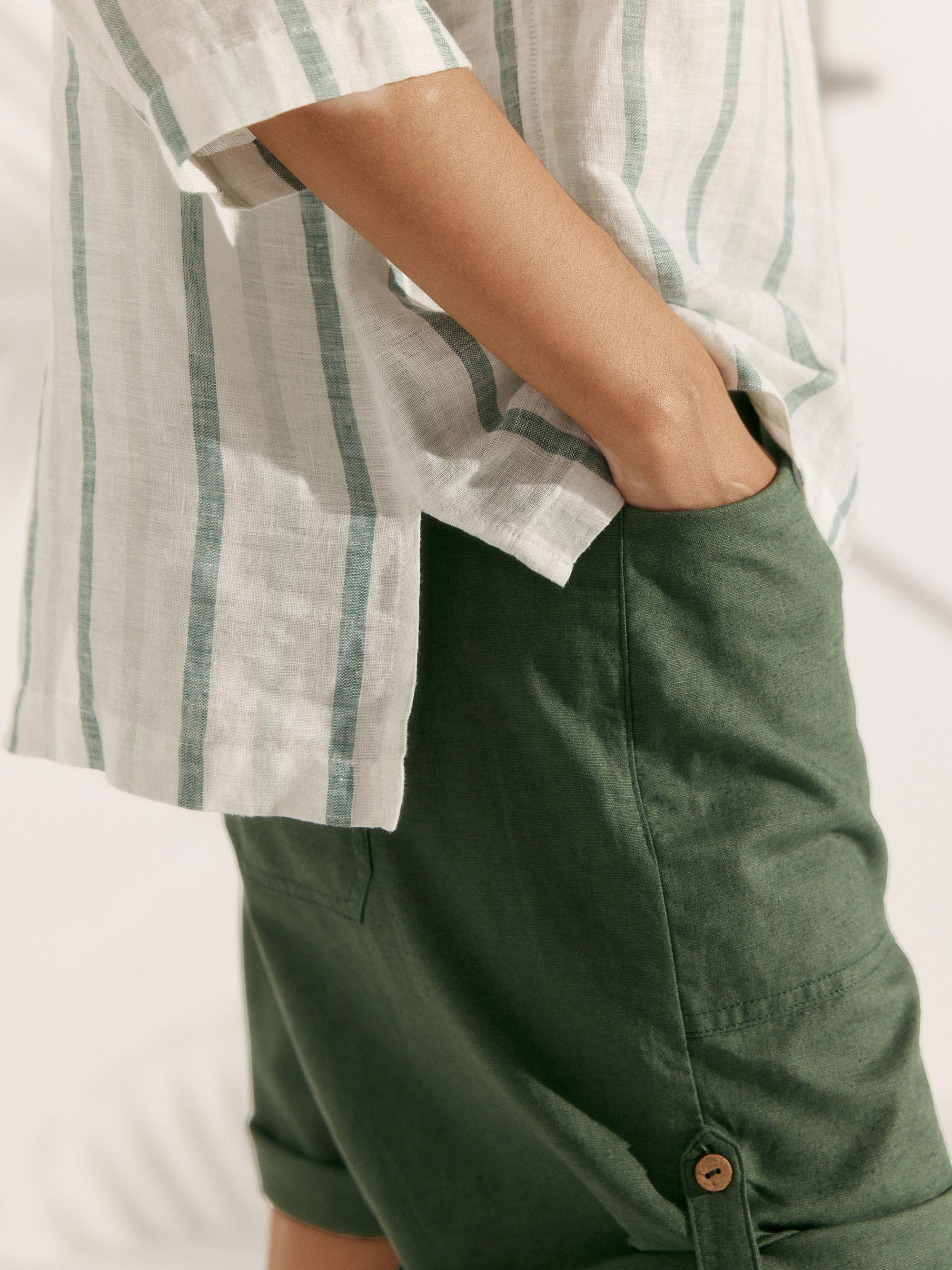 100% Linen Stripe Shawl V-Neck Half Sleeve Top JADE