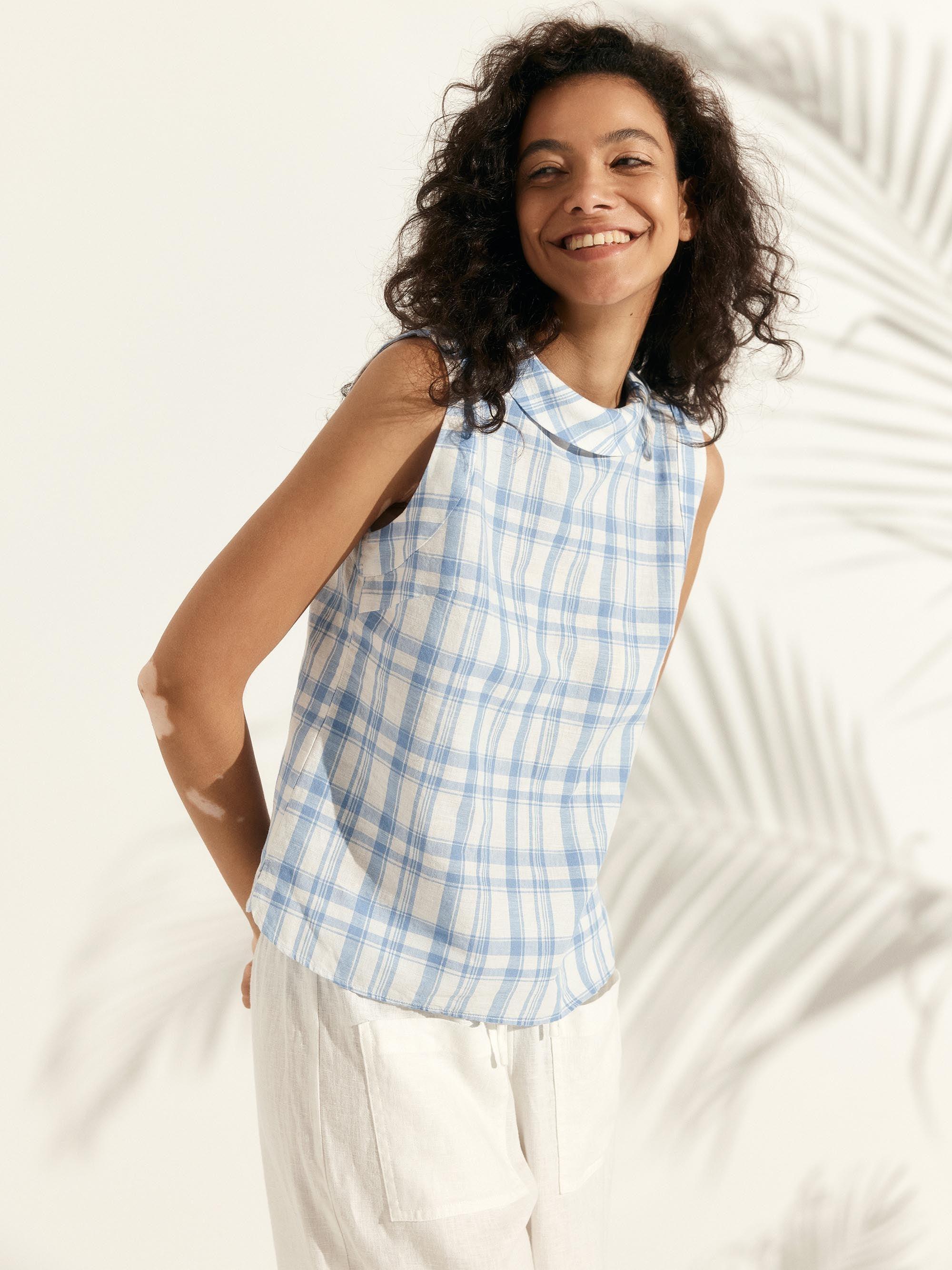 LINTICO 100% Linen Draped Collar Tank Top — lifestyle context