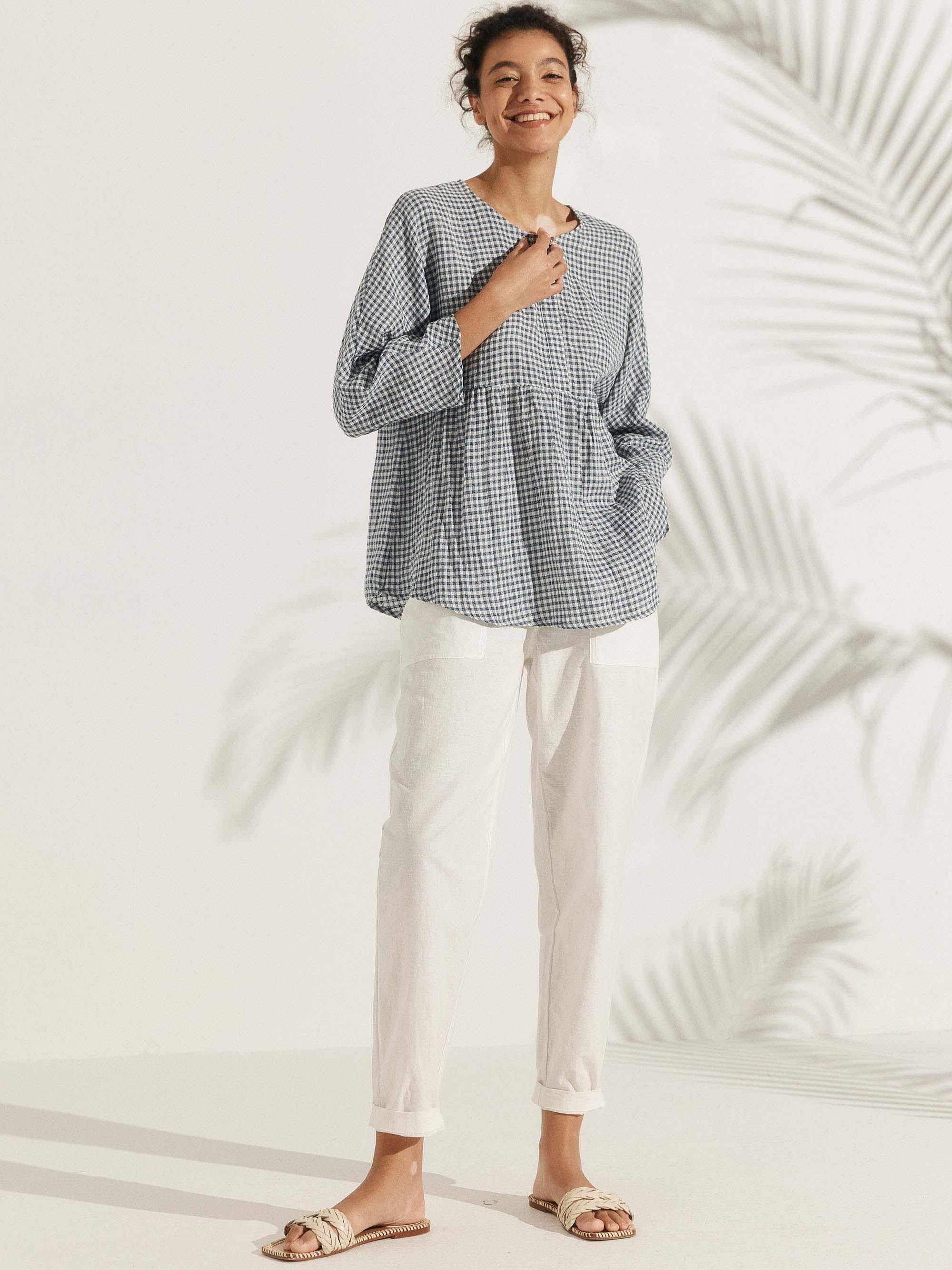 LINTICO Linen Checked Long-Sleeved Top CAROLINE — fabric or material detail