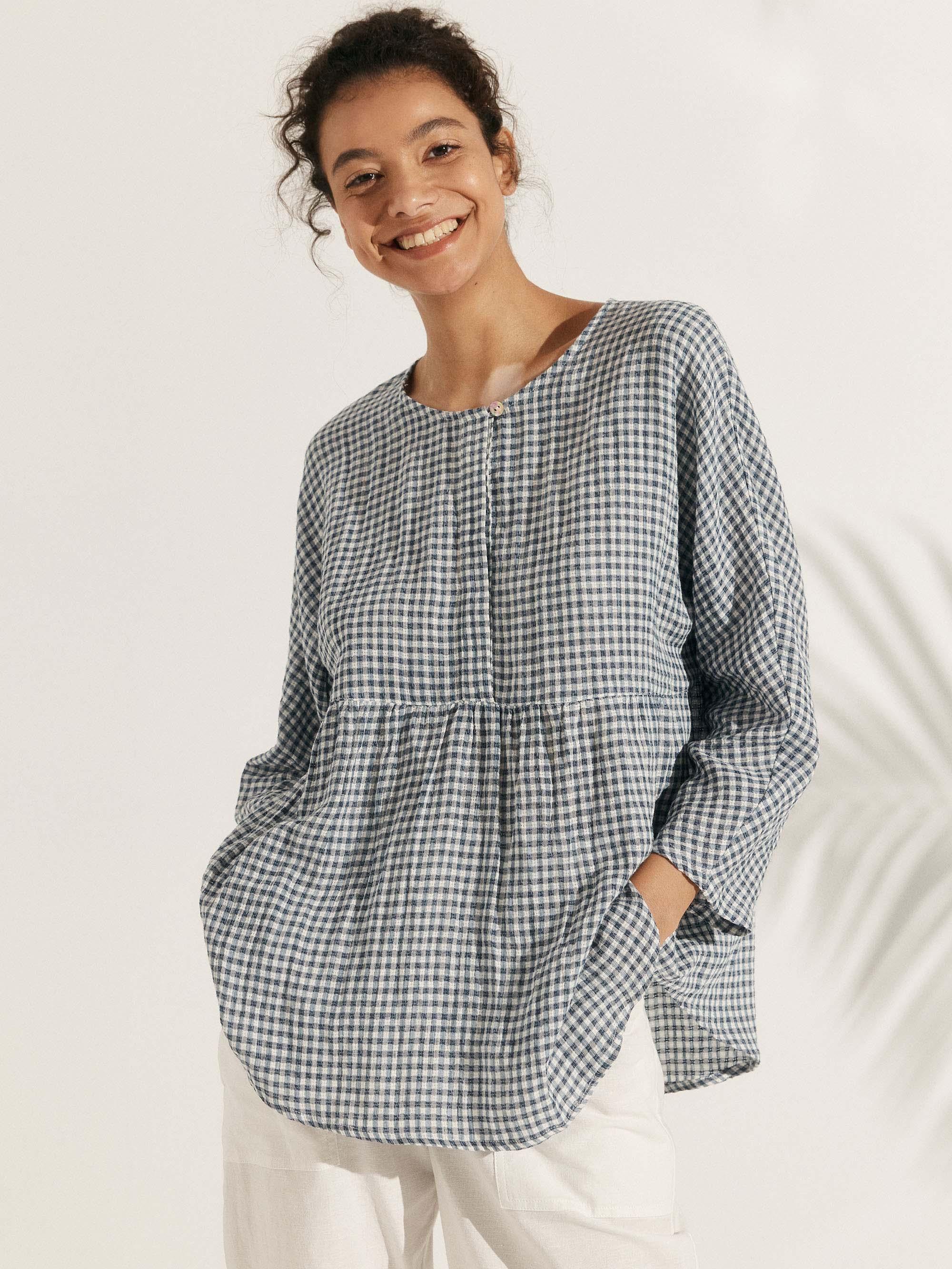 LINTICO Linen Checked Long-Sleeved Top CAROLINE — detail shot 7