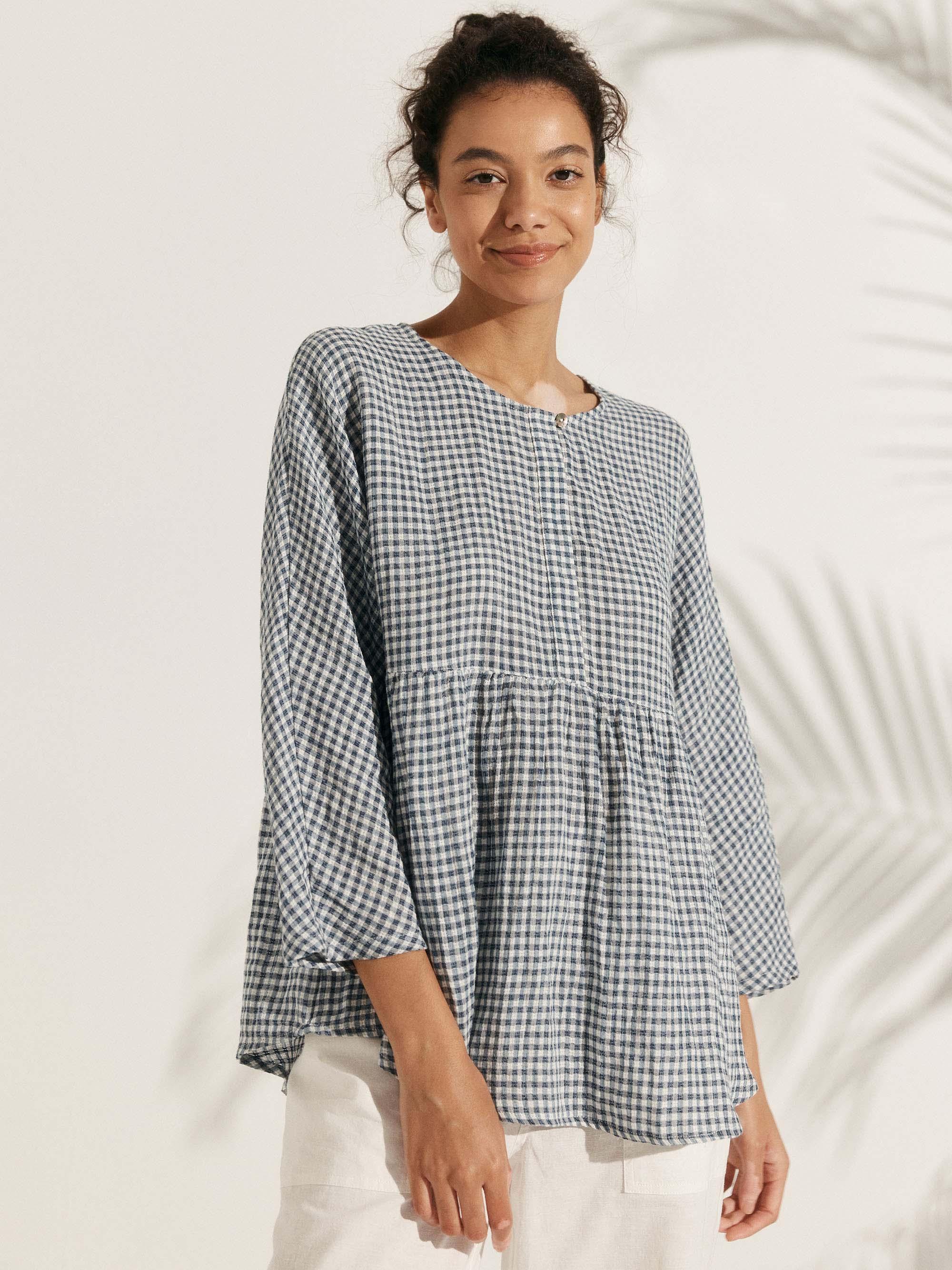 LINTICO Linen Checked Long-Sleeved Top CAROLINE — feature highlight