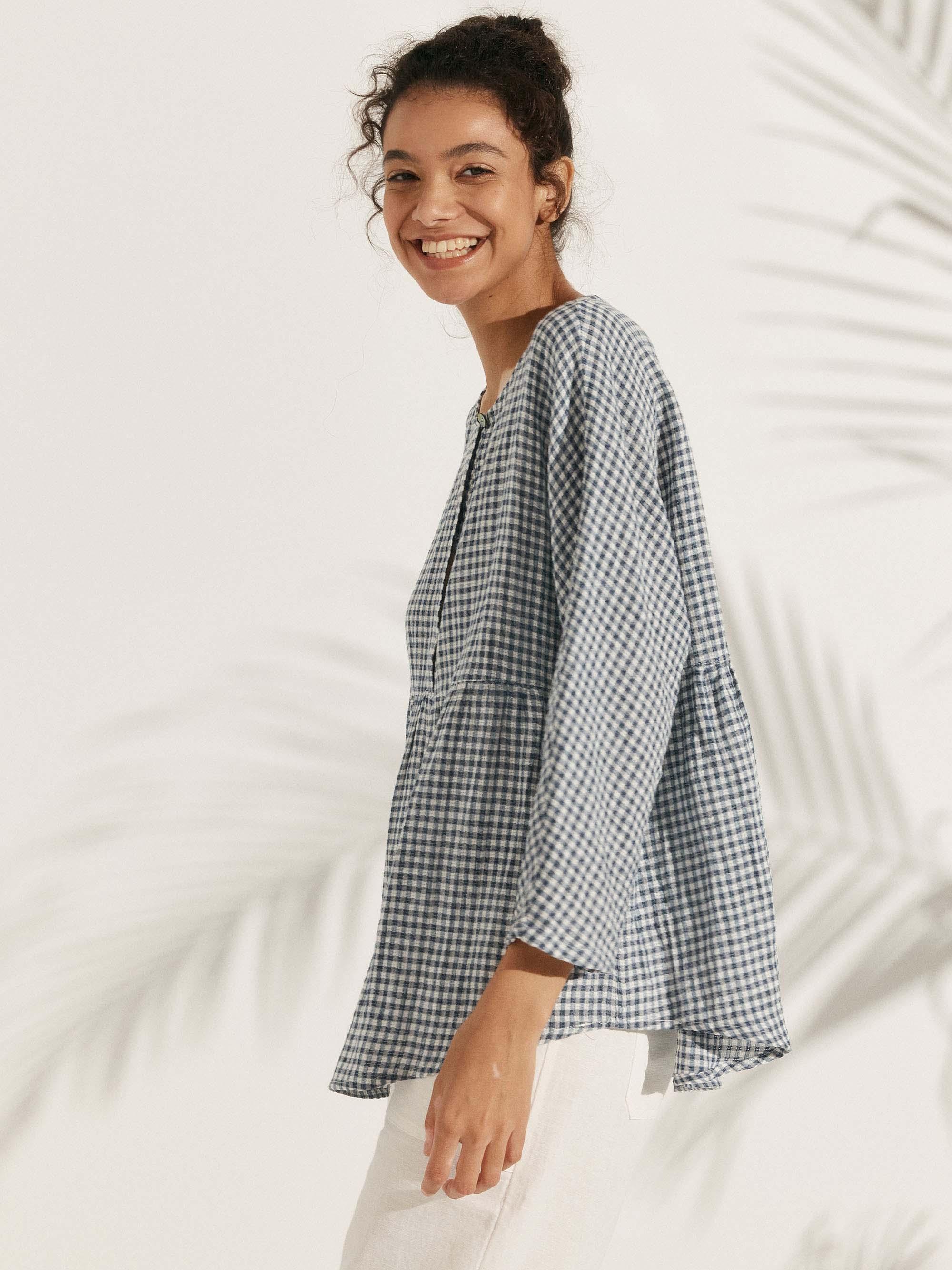 LINTICO Linen Checked Long-Sleeved Top CAROLINE — detail shot 7