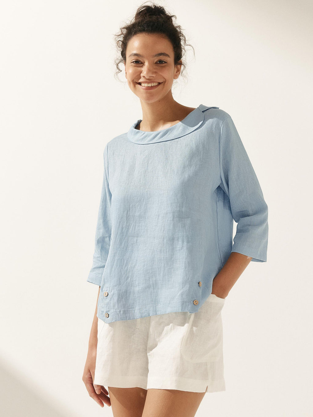 LINTICO Linen Gingham Checked Round Soft-Fold Collar Top LAURA — flat-lay composition