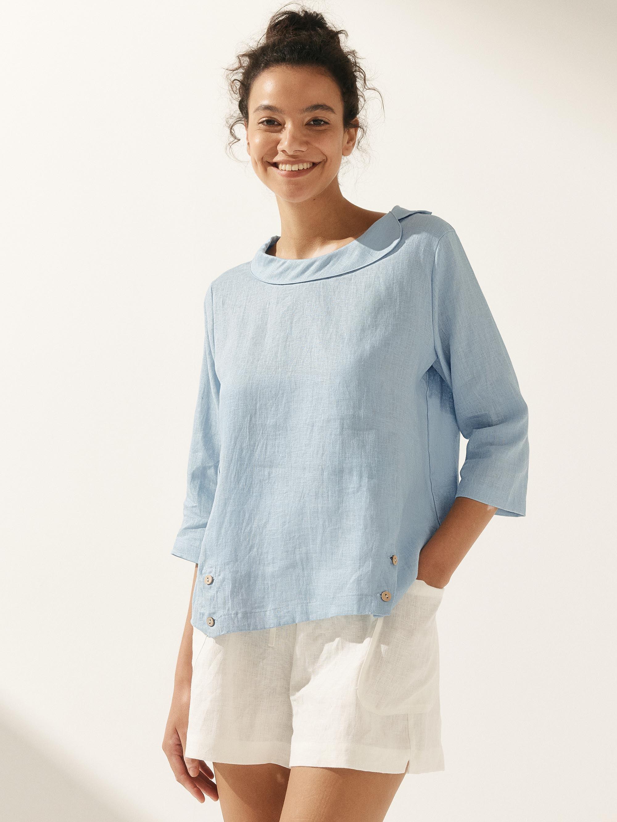 LINTICO Linen Gingham Checked Round Soft-Fold Collar Top LAURA — flat-lay composition