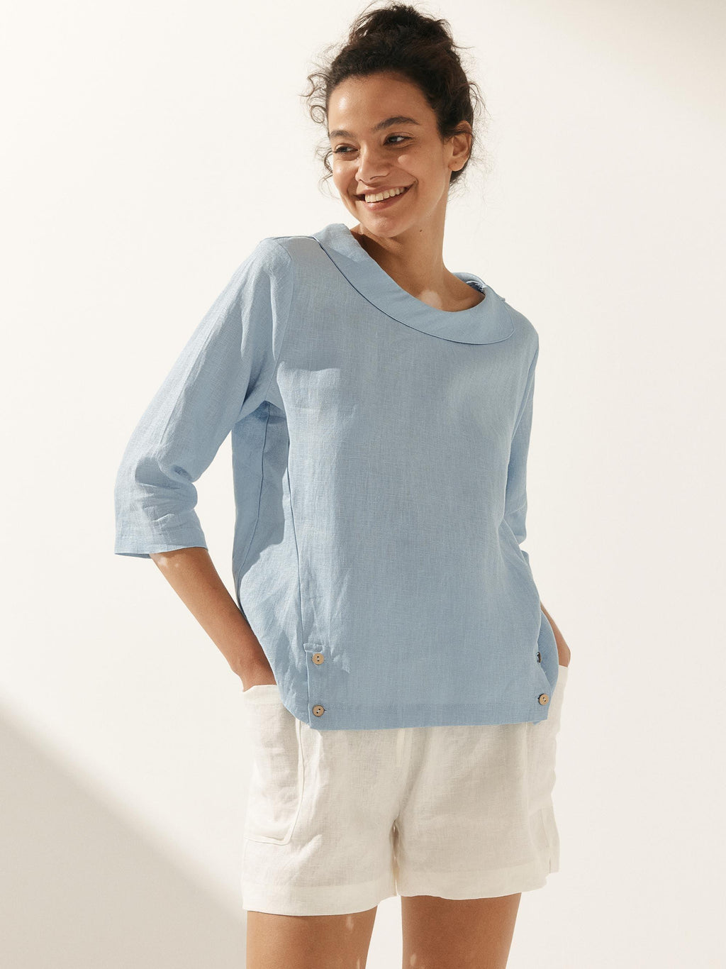 Linen Gingham Checked Round Soft-Fold Collar Top LAURA