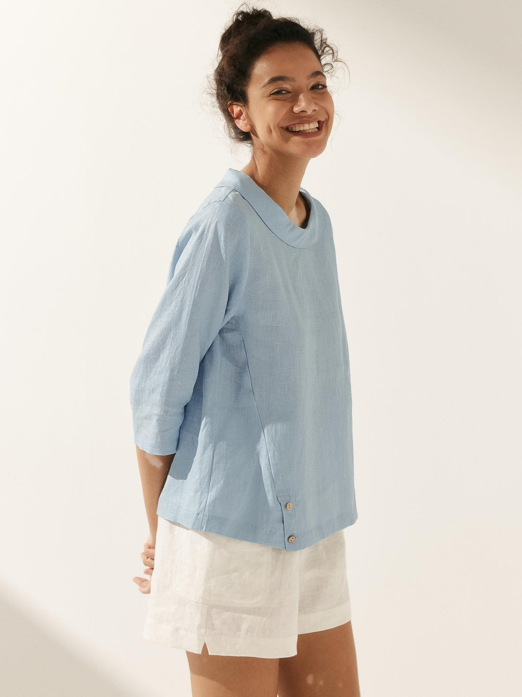 LINTICO Linen Round Soft-Fold Collar Top LAURA — tops-blouses-linen category context