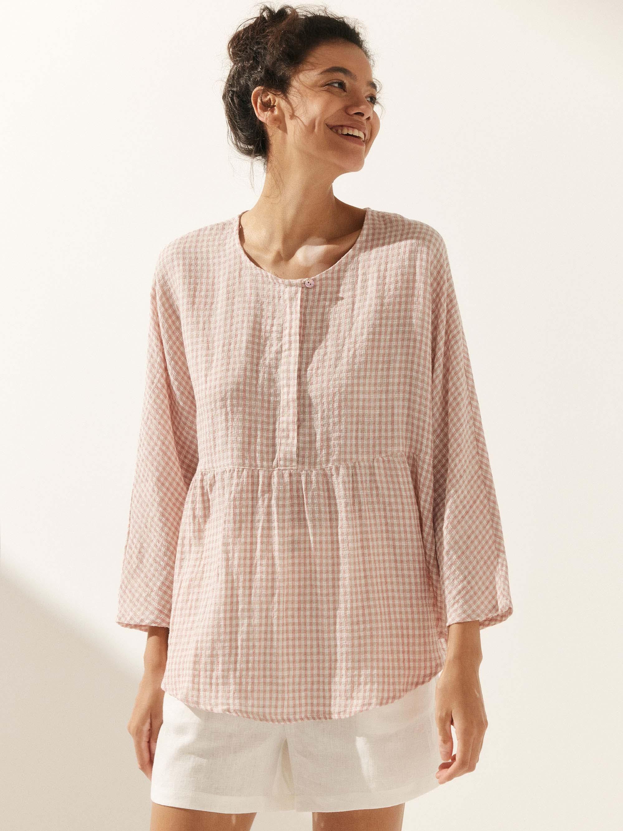 LINTICO Linen Checked Long-Sleeved Top CAROLINE — side view