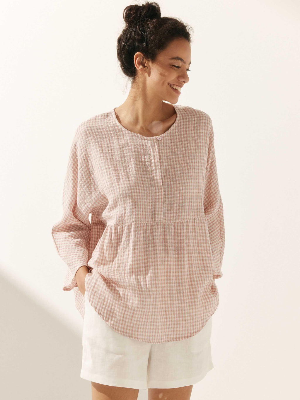LINTICO Linen Checked Long-Sleeved Top CAROLINE — main product shot