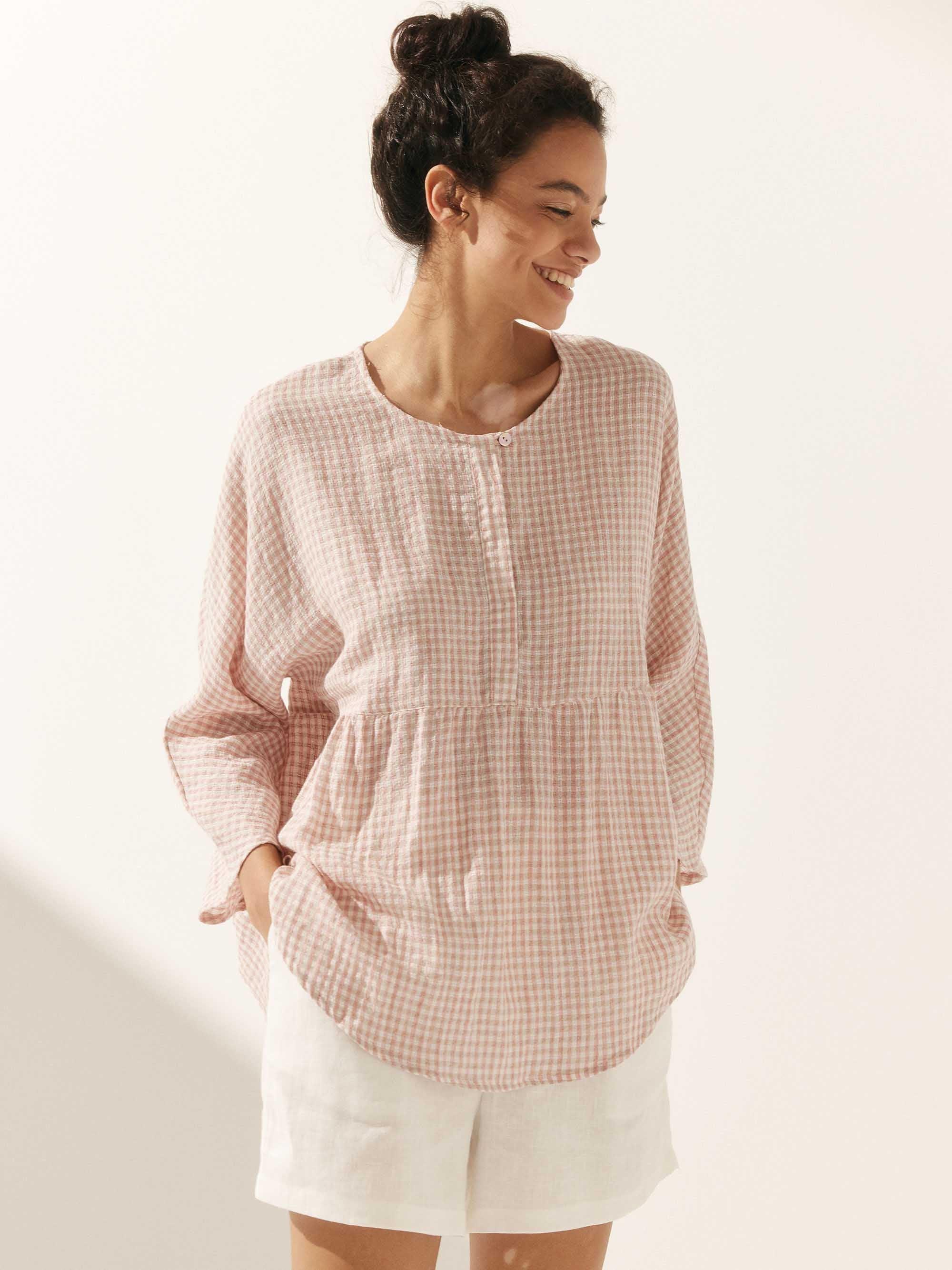 LINTICO Linen Checked Long-Sleeved Top CAROLINE — main product shot