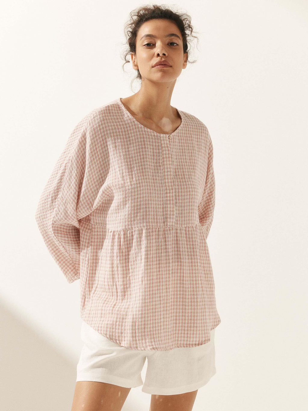 LINTICO Linen Checked Long-Sleeved Top CAROLINE — alternative angle