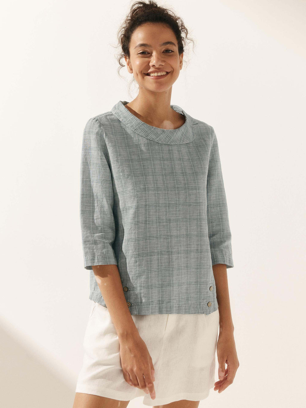 LINTICO Linen Gingham Checked Round Soft-Fold Collar Top LAURA — tops-blouses-linen category context