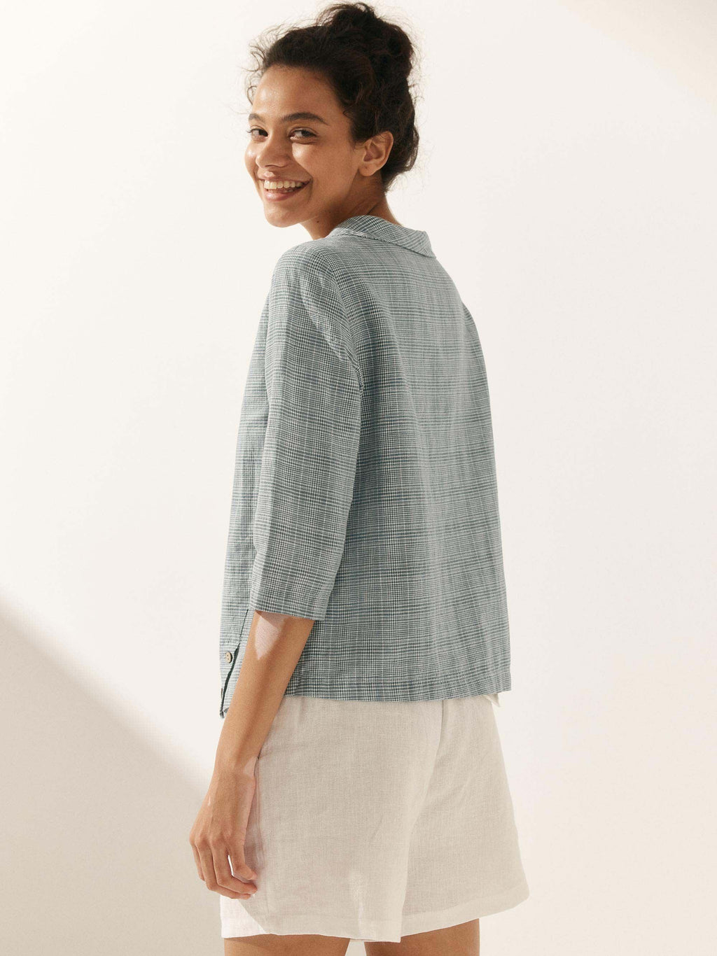LINTICO Linen Gingham Checked Round Soft-Fold Collar Top LAURA — lifestyle worn / used context