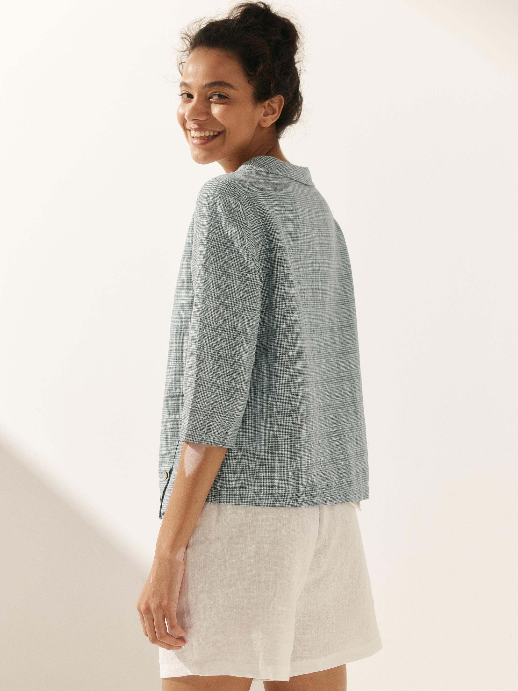 LINTICO Linen Gingham Checked Round Soft-Fold Collar Top LAURA — lifestyle worn / used context