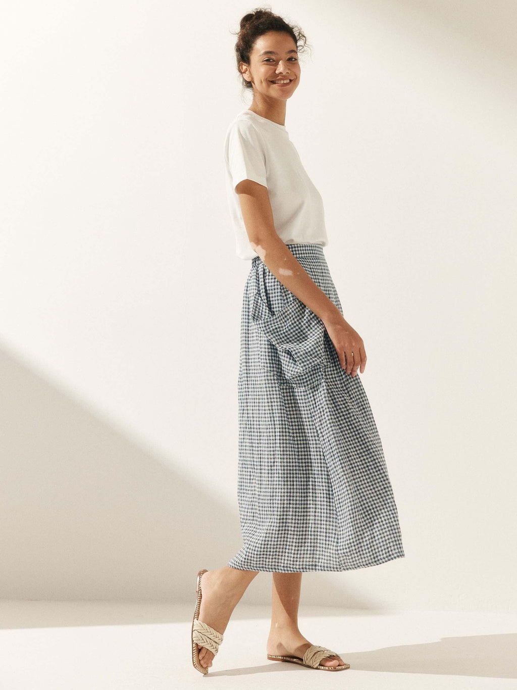 LINTICO Linen Checked Elastic Waist Skirt MARINA — feature highlight