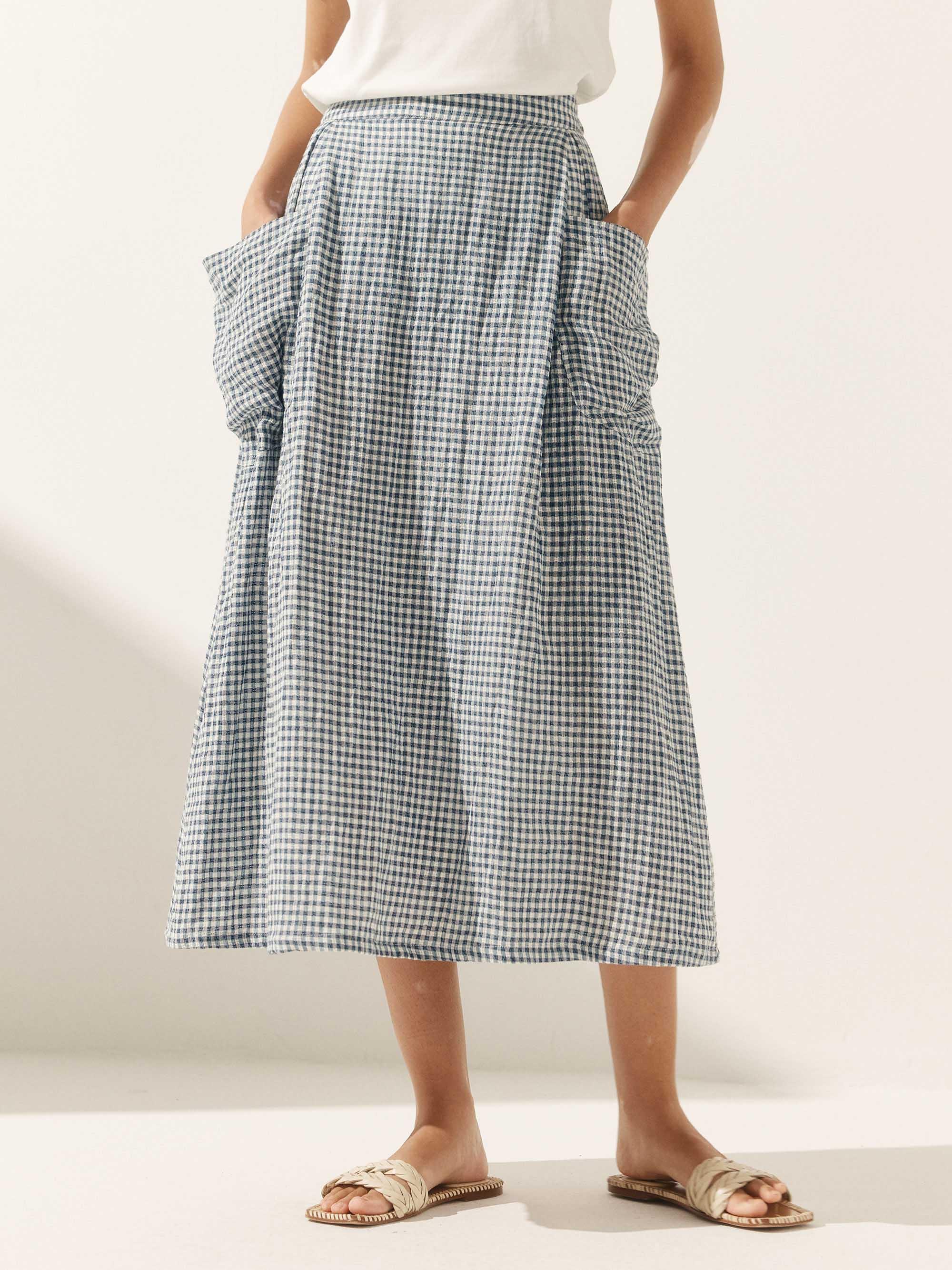 LINTICO Linen Checked Elastic Waist Skirt MARINA — main product shot