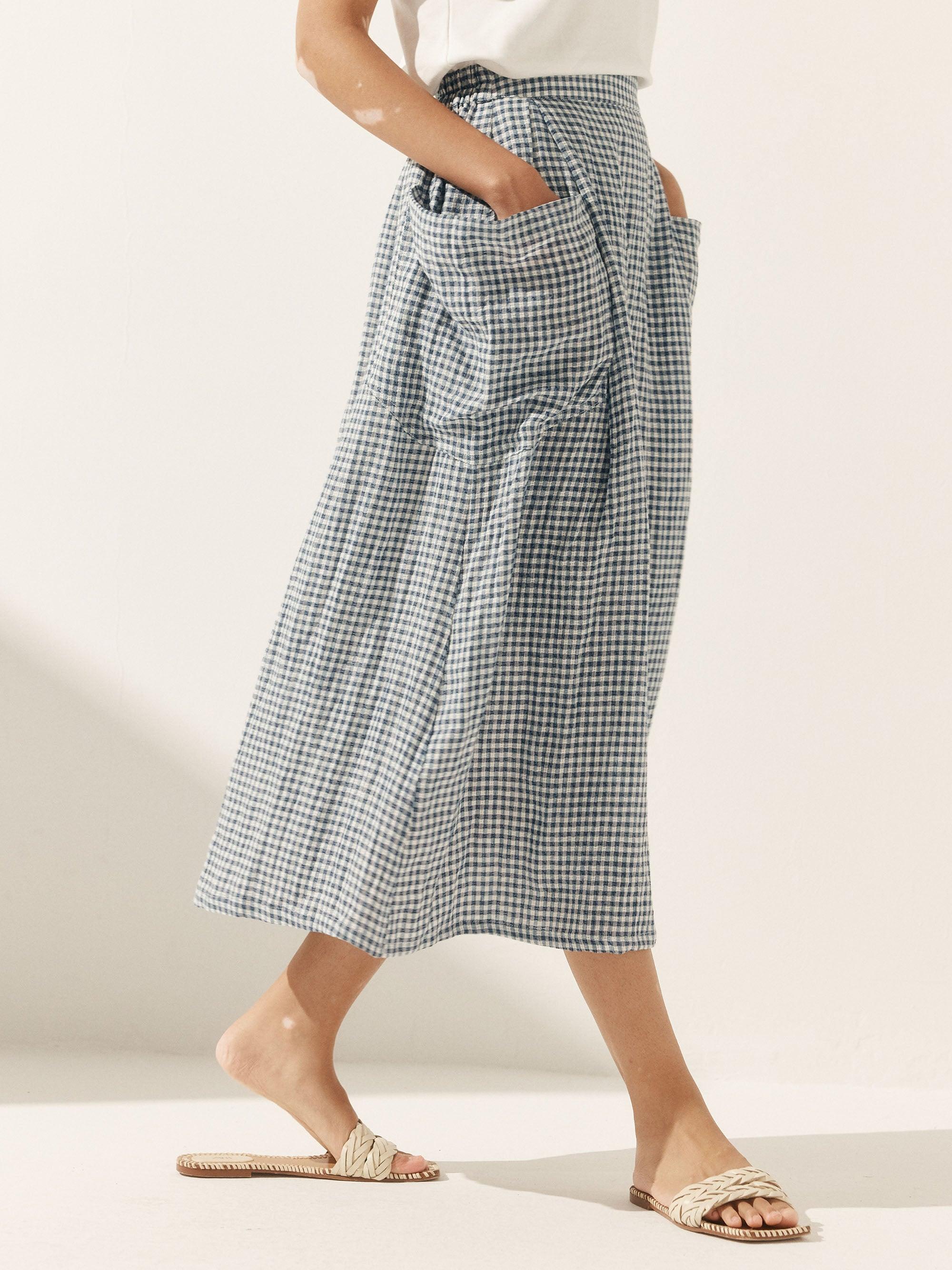 LINTICO Linen Checked Elastic Waist Skirt MARINA — construction detail
