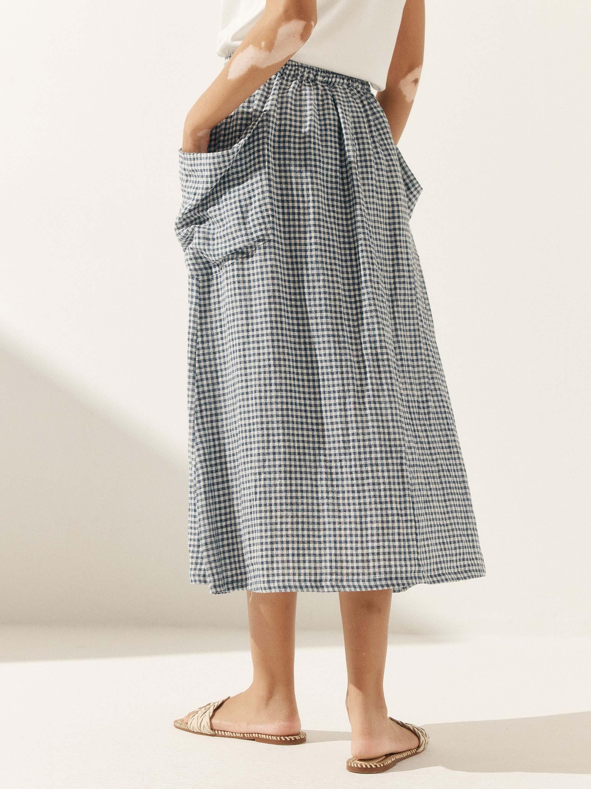 LINTICO Linen Checked Elastic Waist Skirt MARINA — bottoms-skirts-linen category context