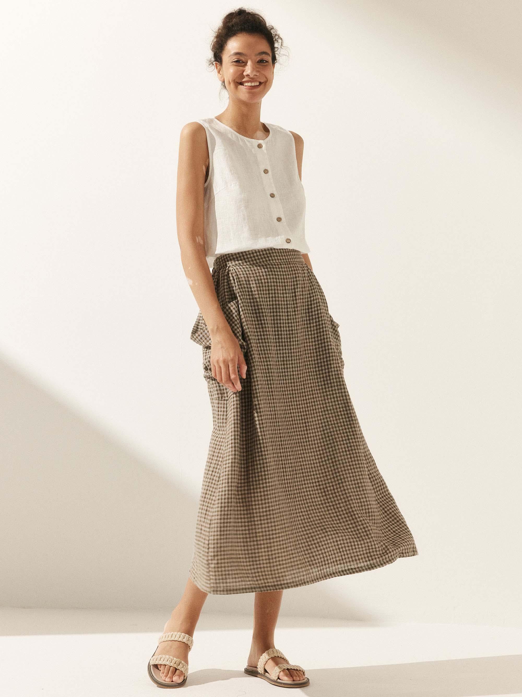 LINTICO Linen Checked Elastic Waist Skirt MARINA — lifestyle worn / used context