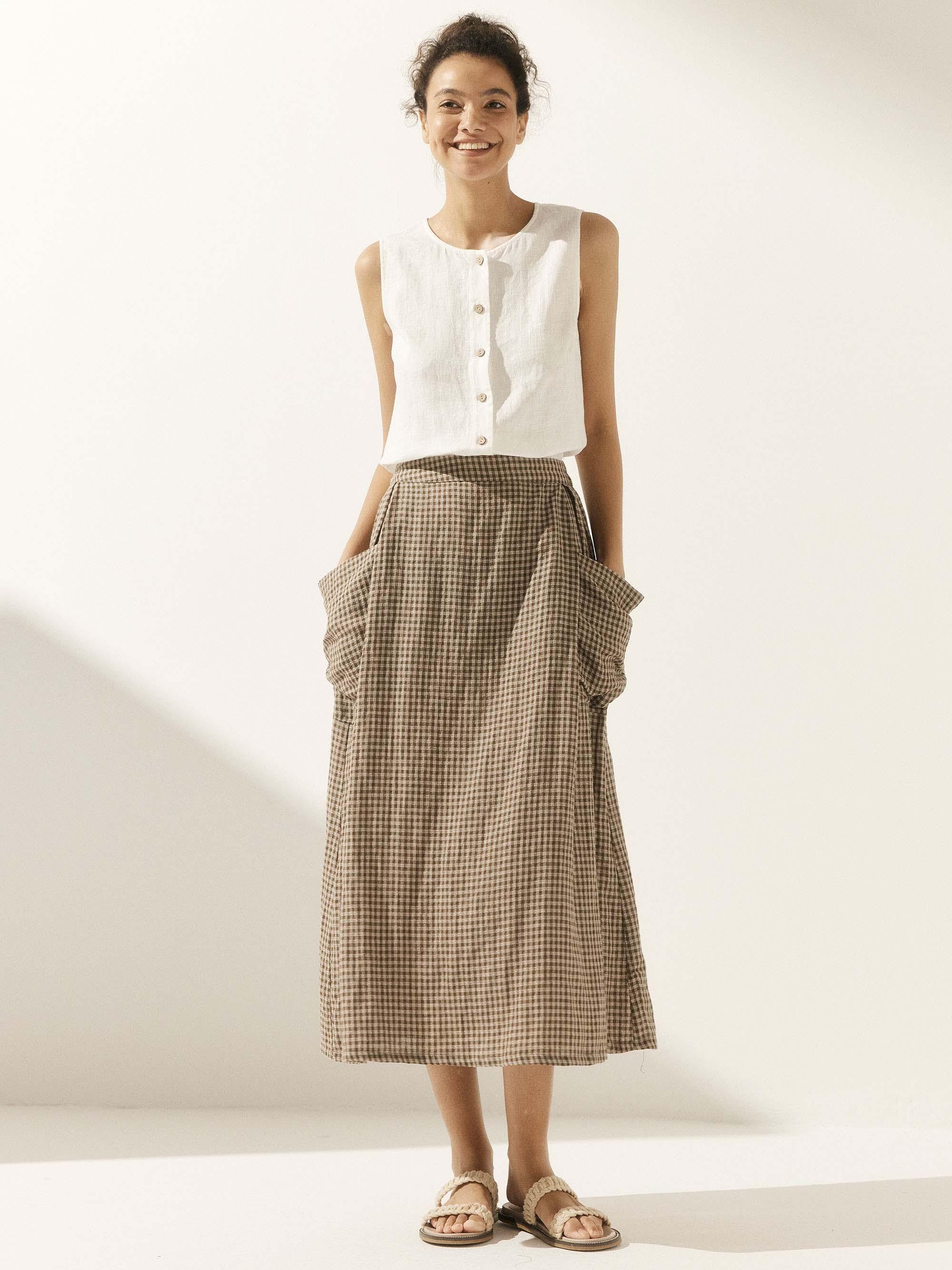 LINTICO Linen Checked Elastic Waist Skirt MARINA — fabric or material detail