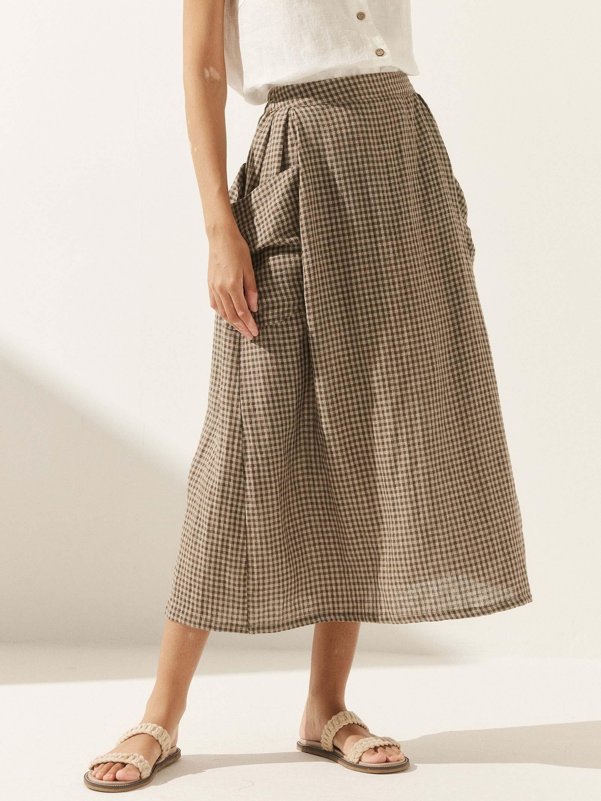 LINTICO Linen Checked Elastic Waist Skirt MARINA — detail shot 7