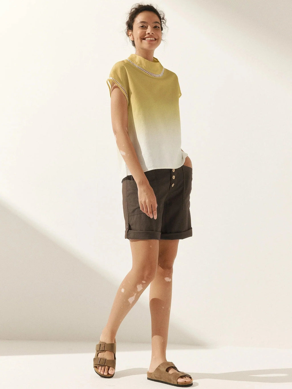 LINTICO 100% Linen Gingham Checked Cutout Turtleneck Top CAROL — color detail
