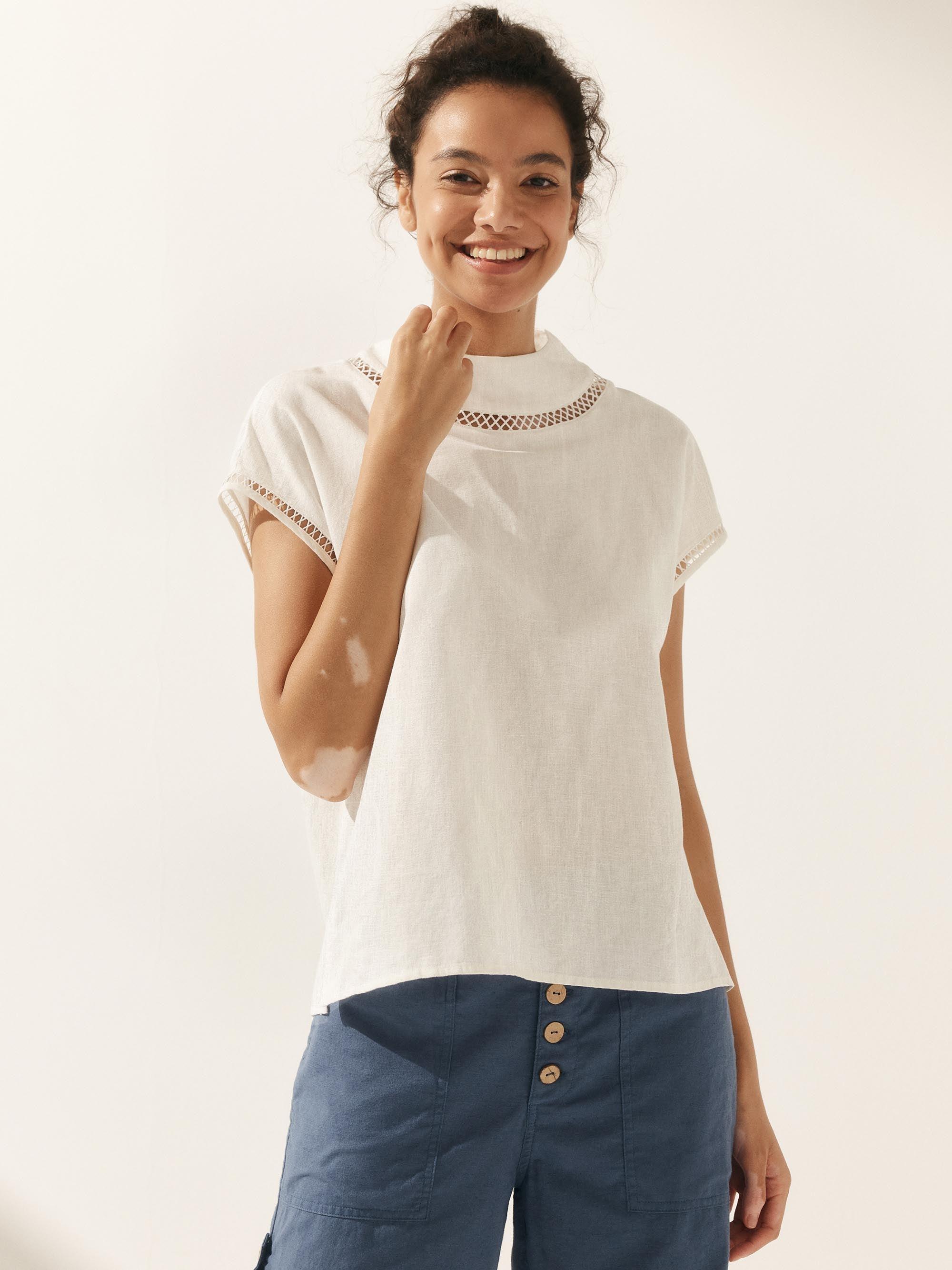 LINTICO 100% Linen Gingham Checked Cutout Turtleneck Top CAROL — detail close-up