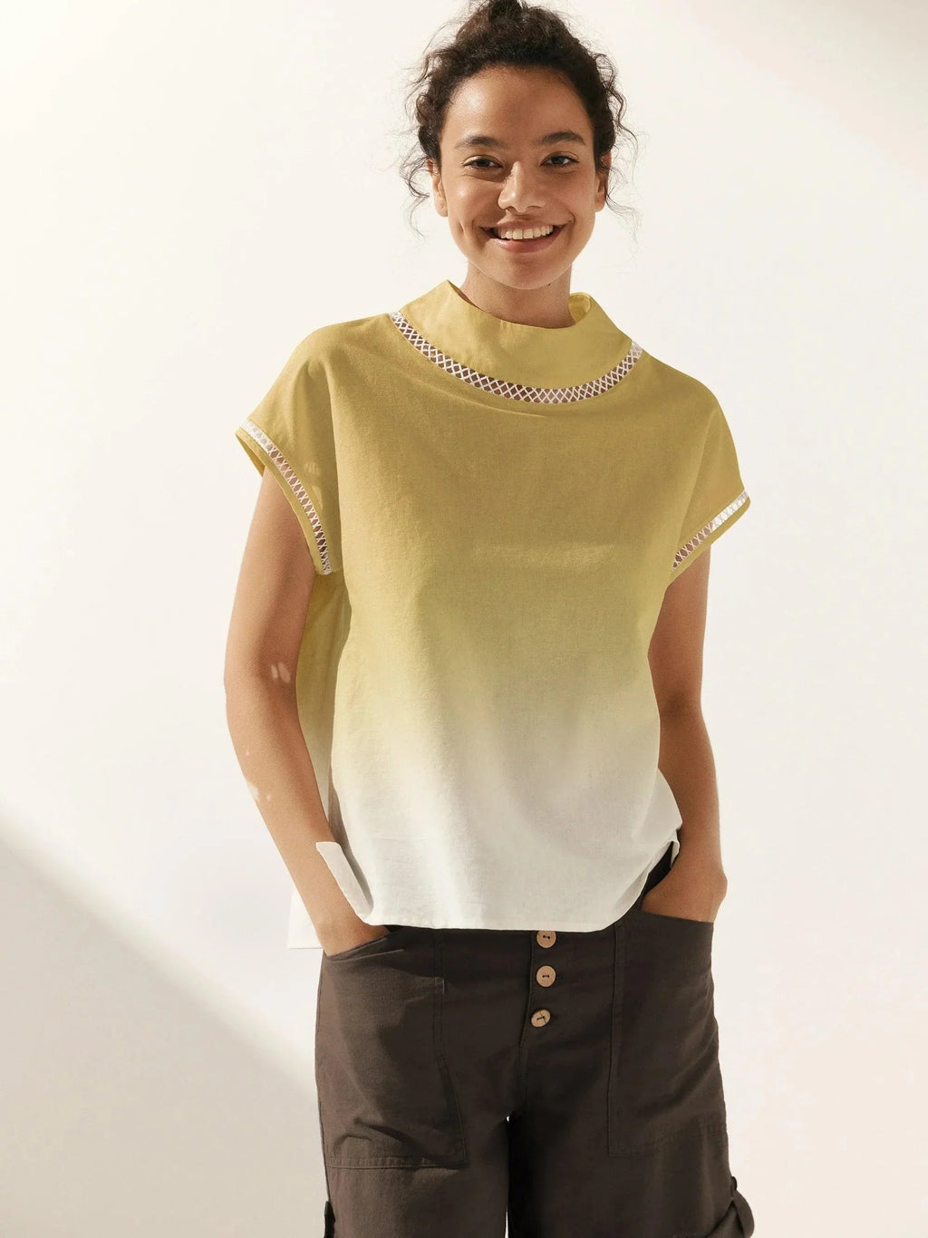 LINTICO Linen Cutout Turtleneck Top QUINN — detail close-up