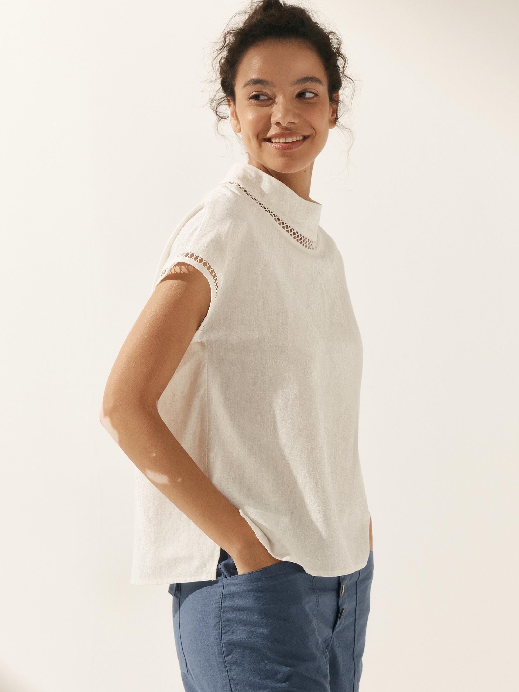 LINTICO 100% Linen Gingham Checked Cutout Turtleneck Top CAROL — side view