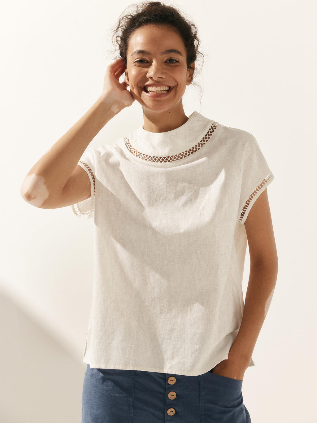 LINTICO 100% Linen Gingham Checked Cutout Turtleneck Top CAROL — main product shot