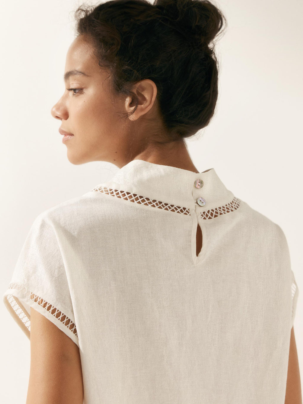 LINTICO 100% Linen Gingham Checked Cutout Turtleneck Top CAROL — in-use photo