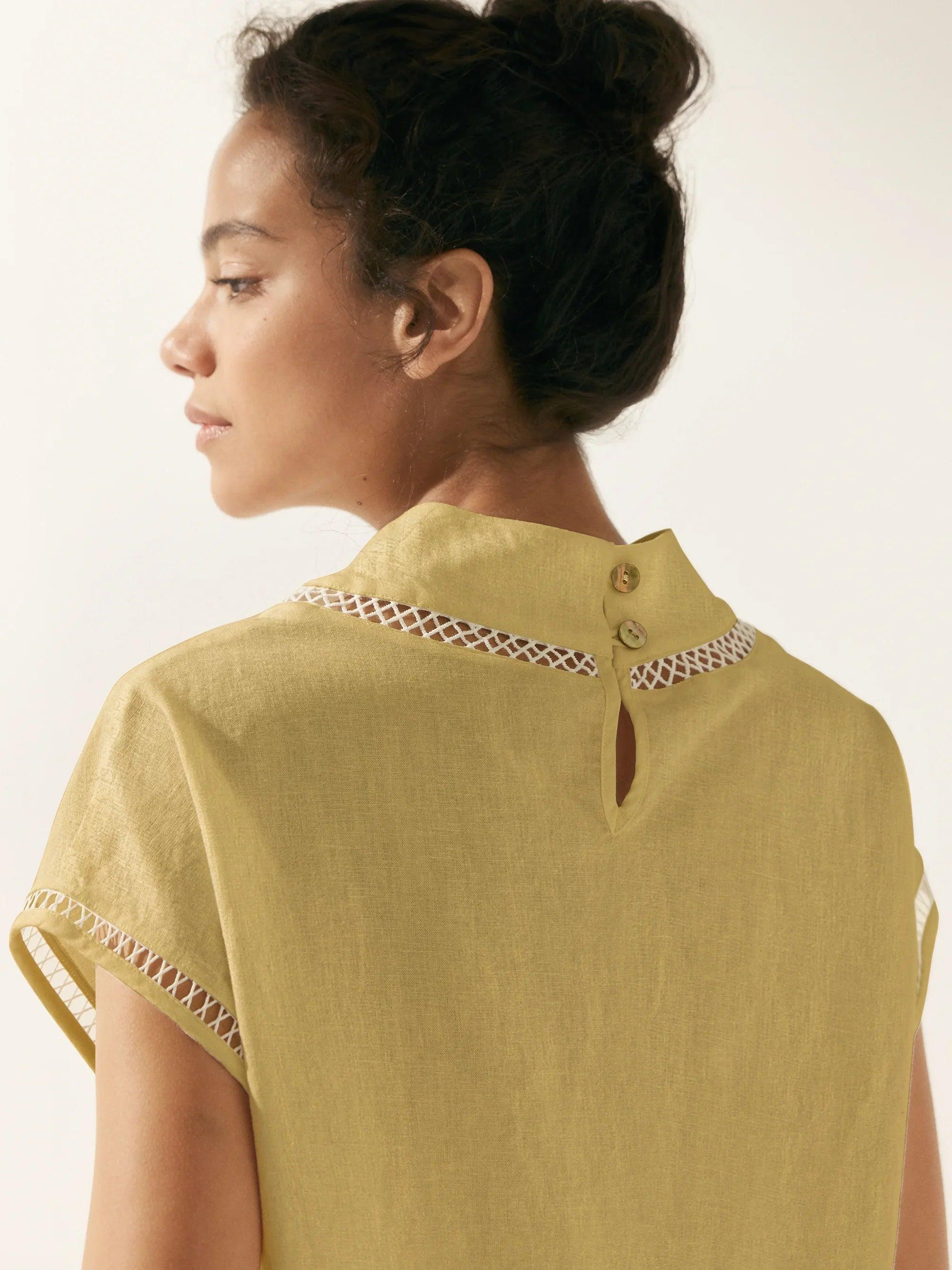 LINTICO Linen Cutout Turtleneck Top QUINN — side view