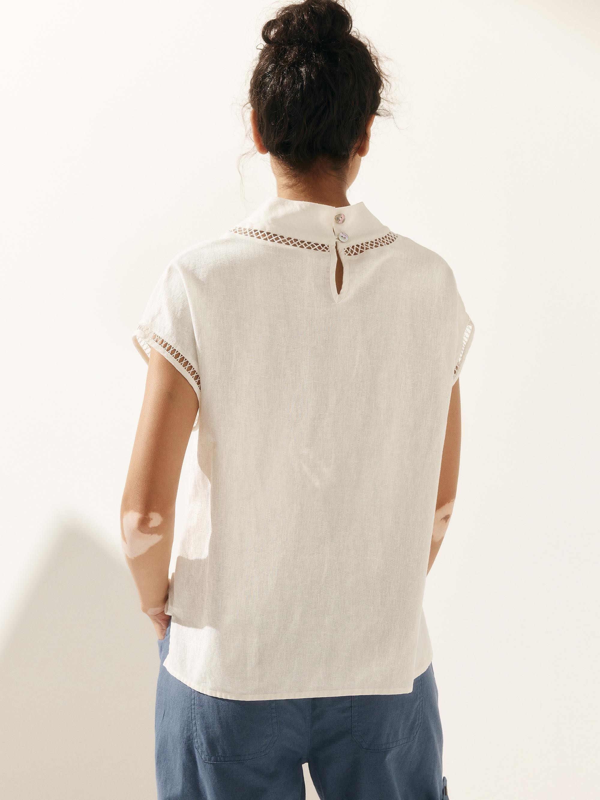 LINTICO 100% Linen Gingham Checked Cutout Turtleneck Top CAROL — alternative angle