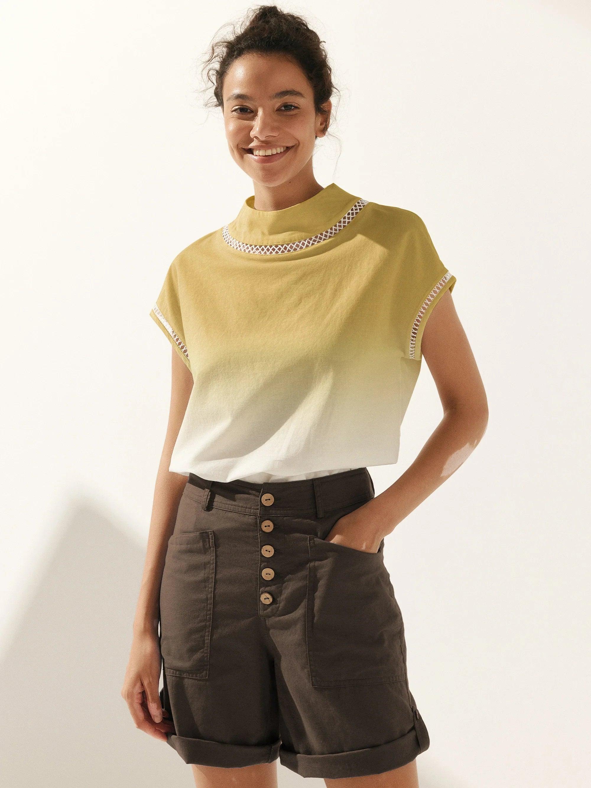 LINTICO 100% Linen Gingham Checked Cutout Turtleneck Top CAROL — size reference