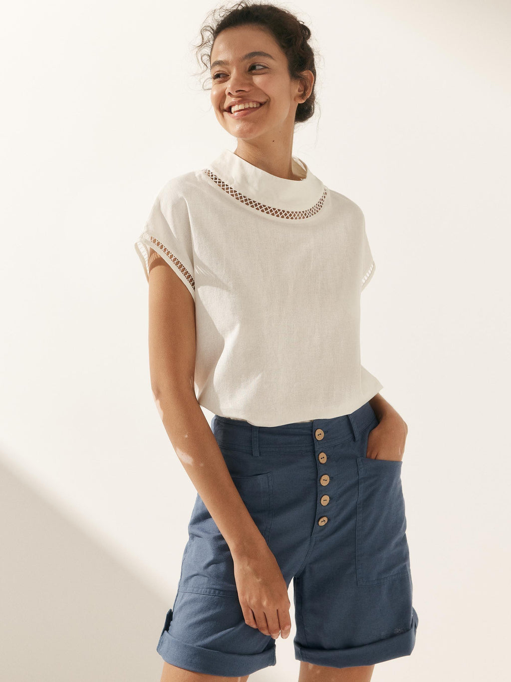 LINTICO 100% Linen Gingham Checked Cutout Turtleneck Top CAROL — lifestyle context