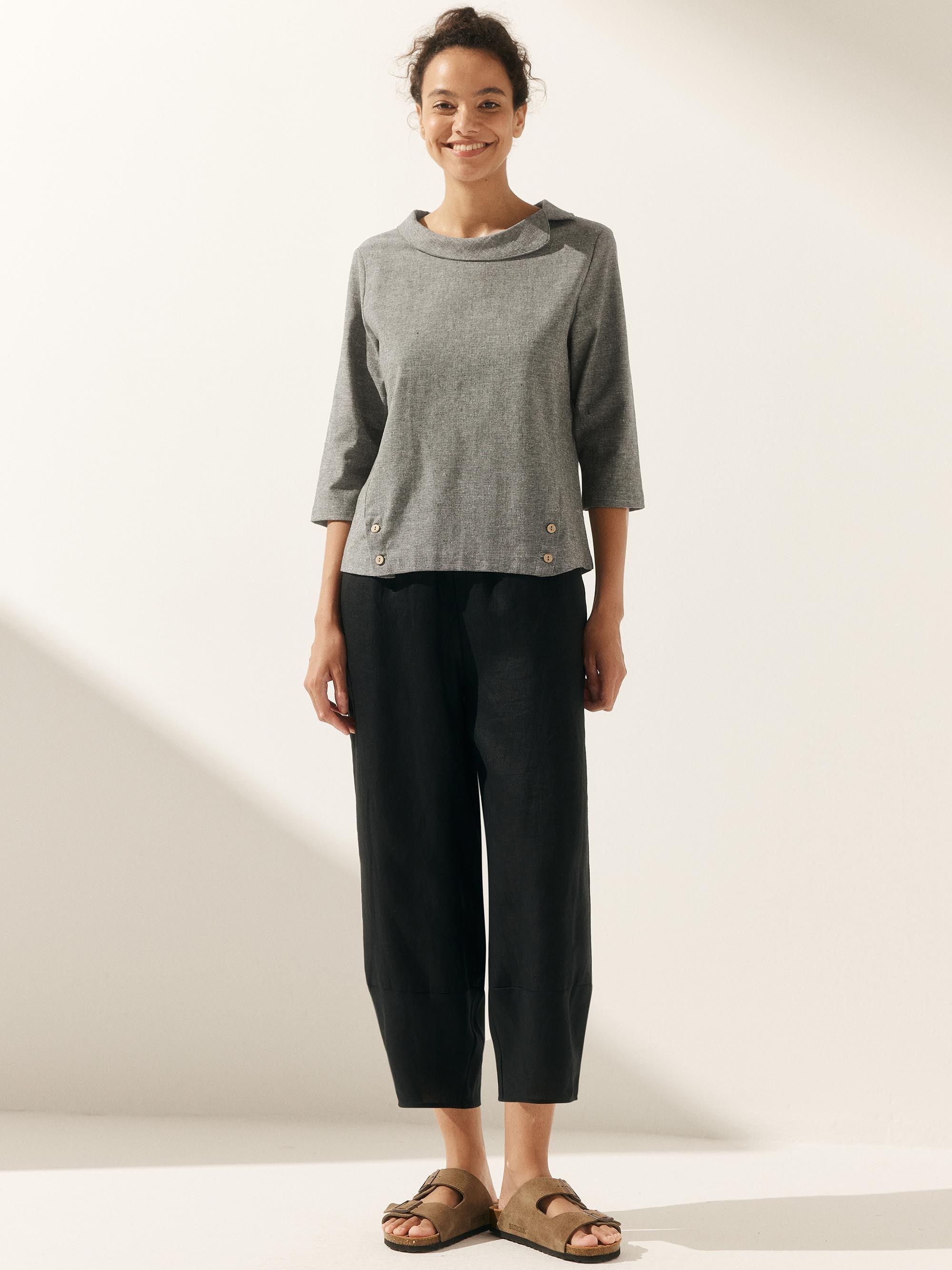LINTICO Linen Gingham Checked Round Soft-Fold Collar Top LAURA — side view